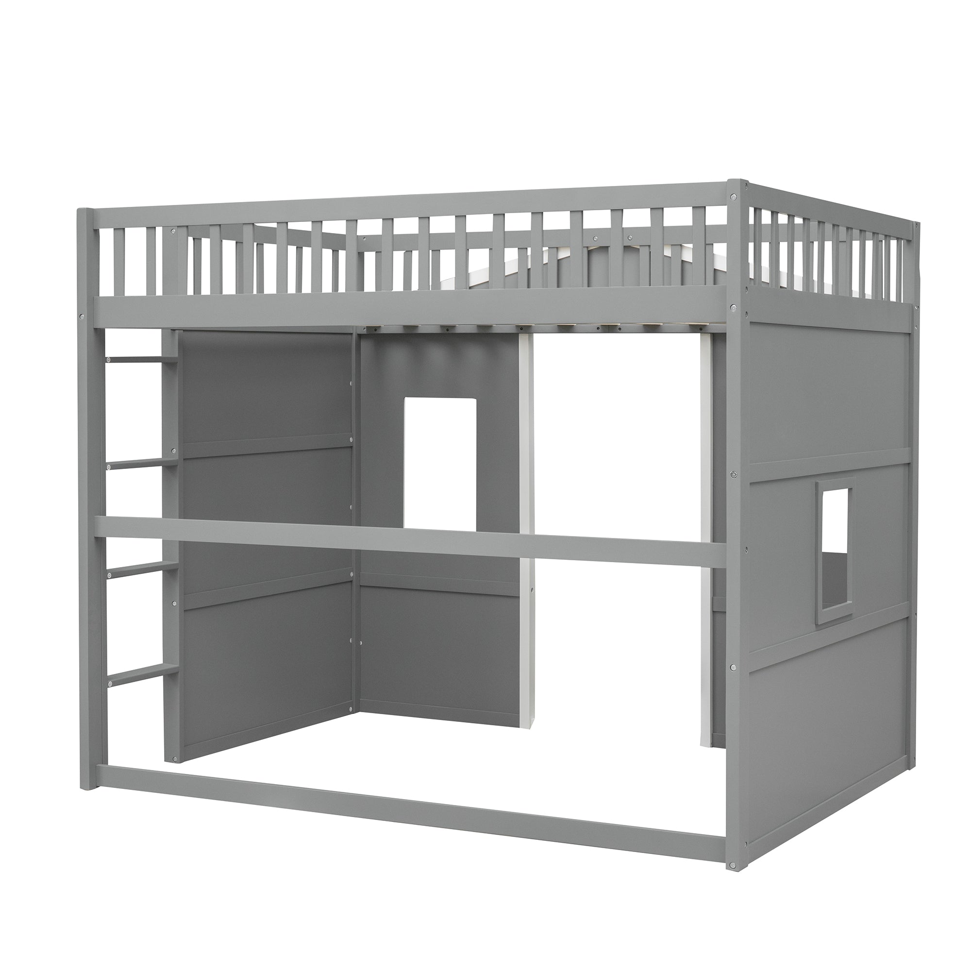 Royard Oaktree House Loft Bed with Under-bed Playhouse, Window, and Wall, Wood Loft Bed Frame with Guardrail and Ladder for Kids Boys Girls Teens