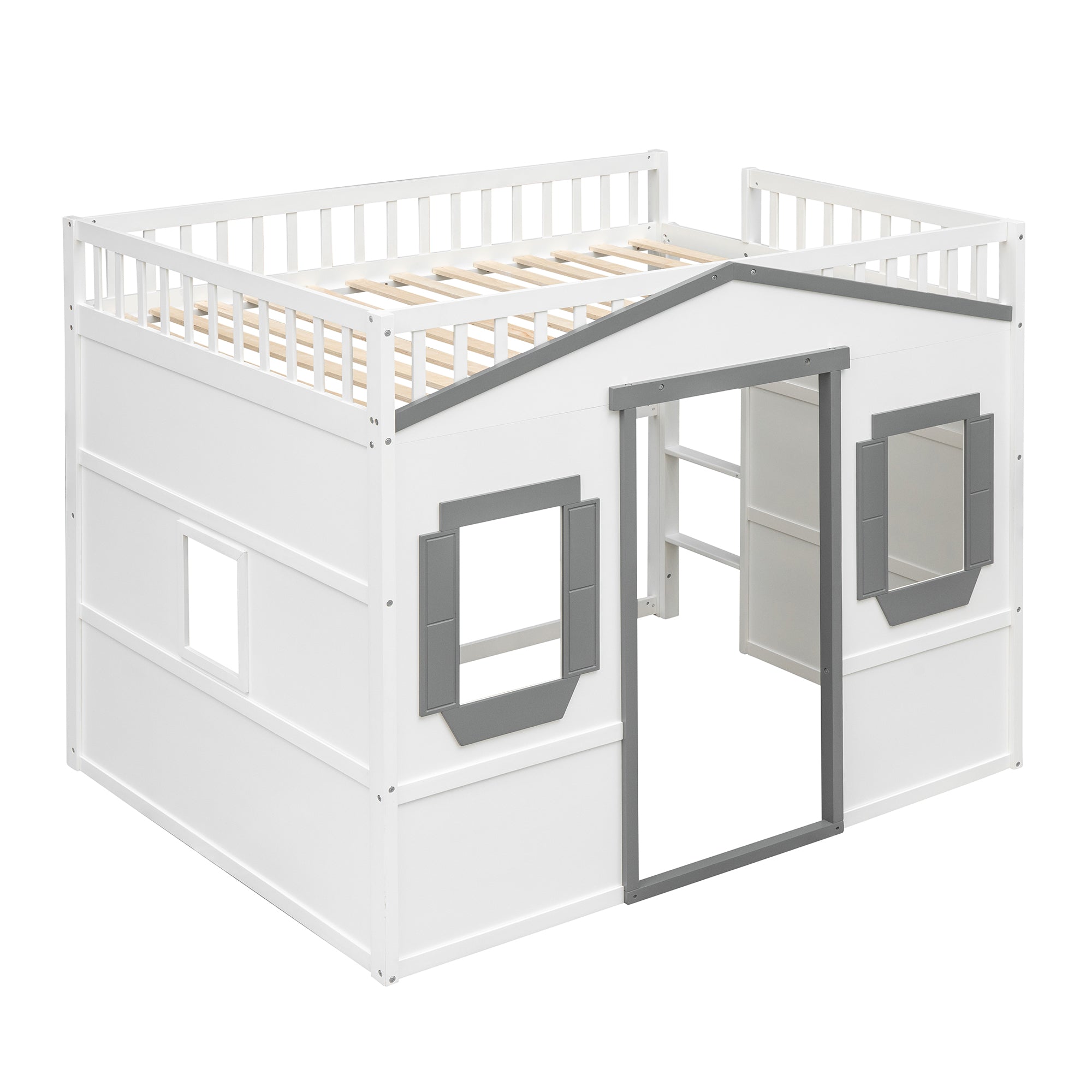 Royard Oaktree House Loft Bed with Under-bed Playhouse, Window, and Wall, Wood Loft Bed Frame with Guardrail and Ladder for Kids Boys Girls Teens