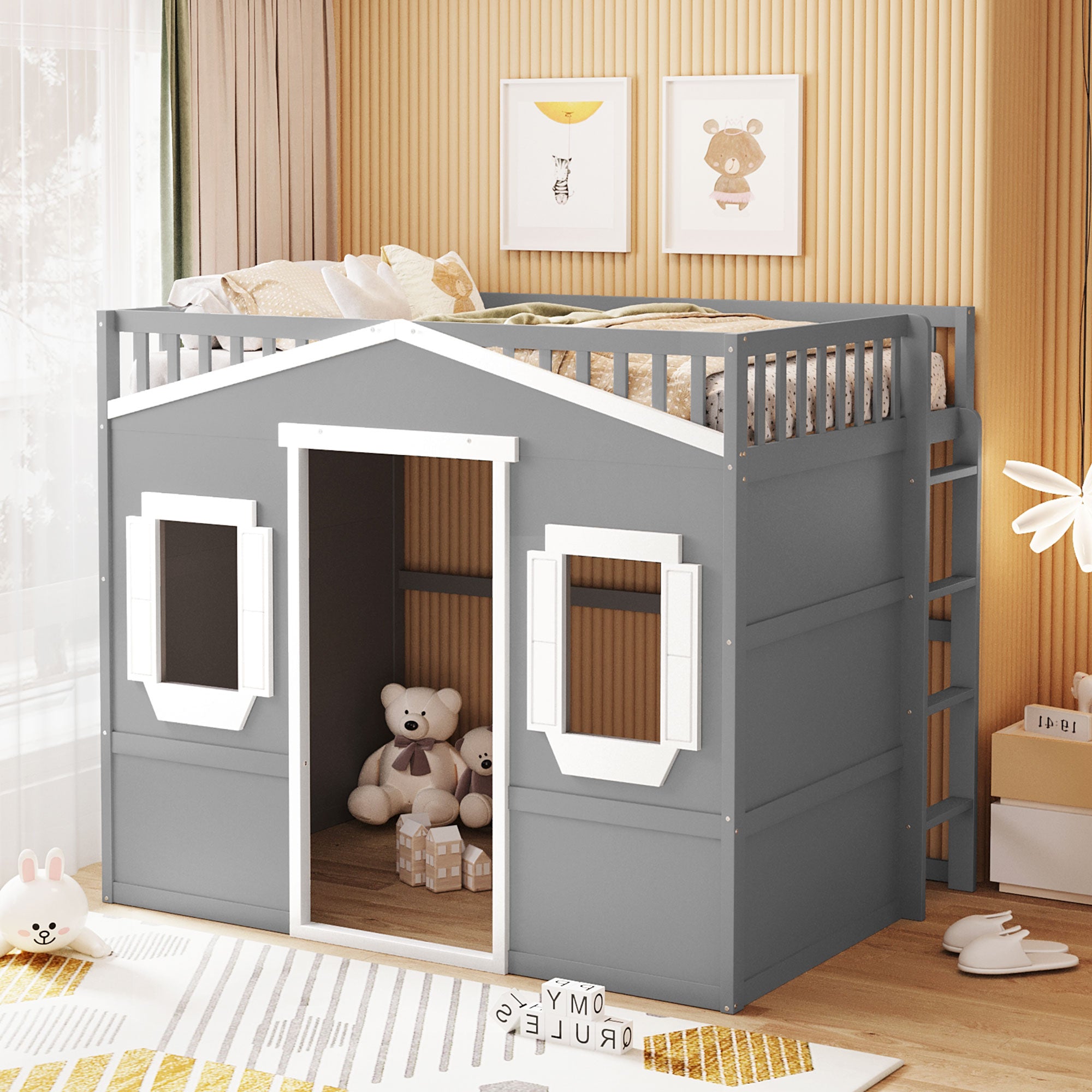 Royard Oaktree House Loft Bed with Under-bed Playhouse, Window, and Wall, Wood Loft Bed Frame with Guardrail and Ladder for Kids Boys Girls Teens