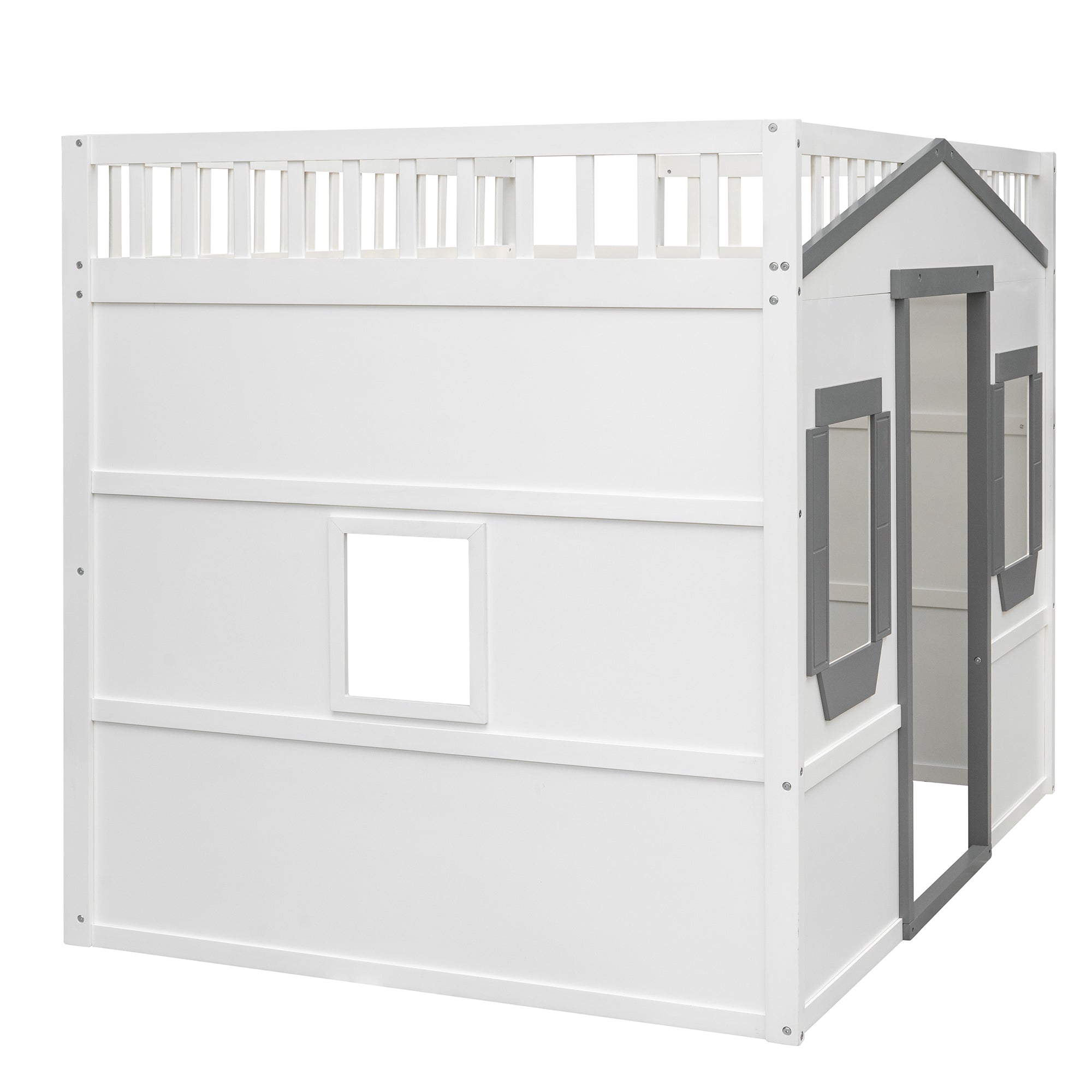 Royard Oaktree House Loft Bed with Under-bed Playhouse, Window, and Wall, Wood Loft Bed Frame with Guardrail and Ladder for Kids Boys Girls Teens