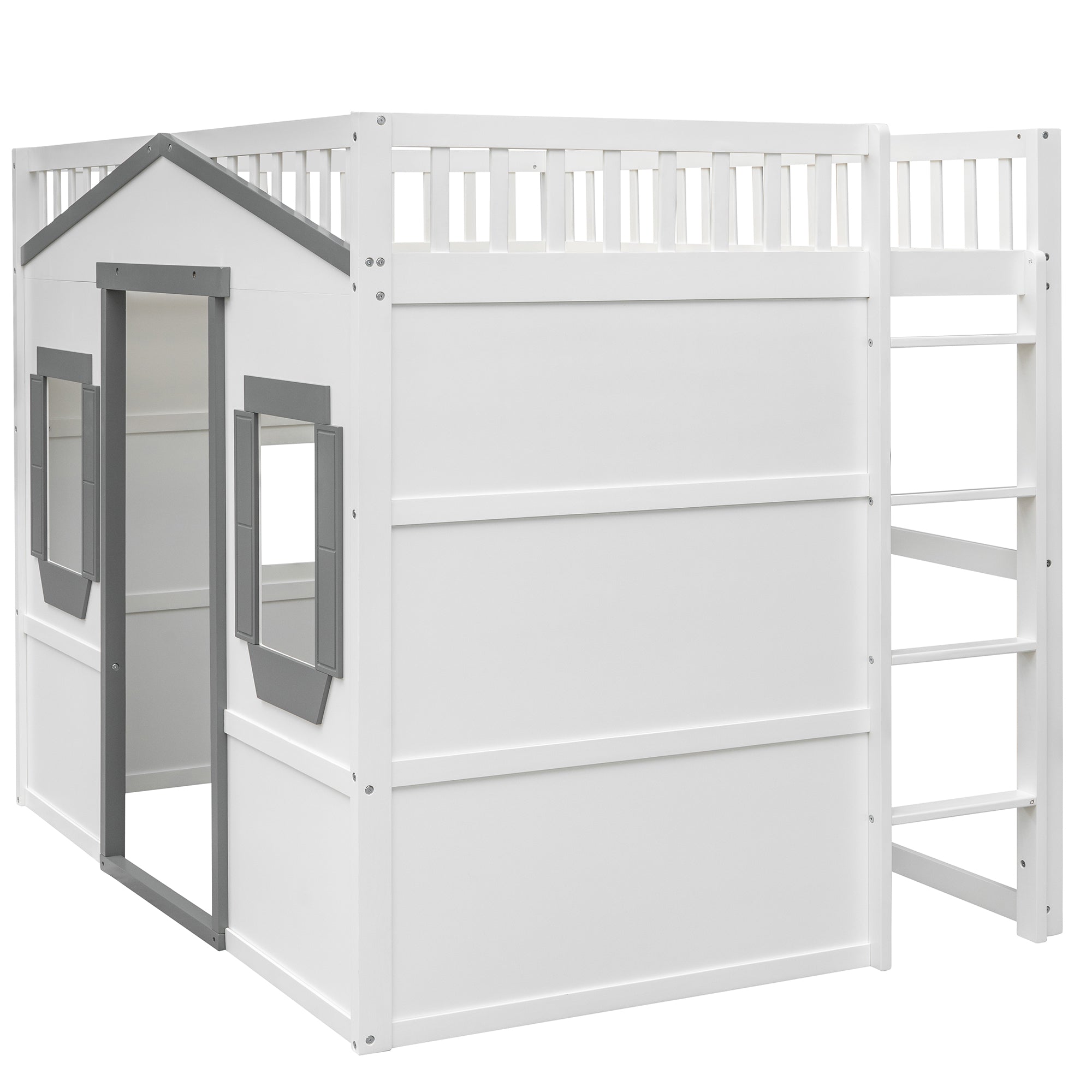 Royard Oaktree House Loft Bed with Under-bed Playhouse, Window, and Wall, Wood Loft Bed Frame with Guardrail and Ladder for Kids Boys Girls Teens