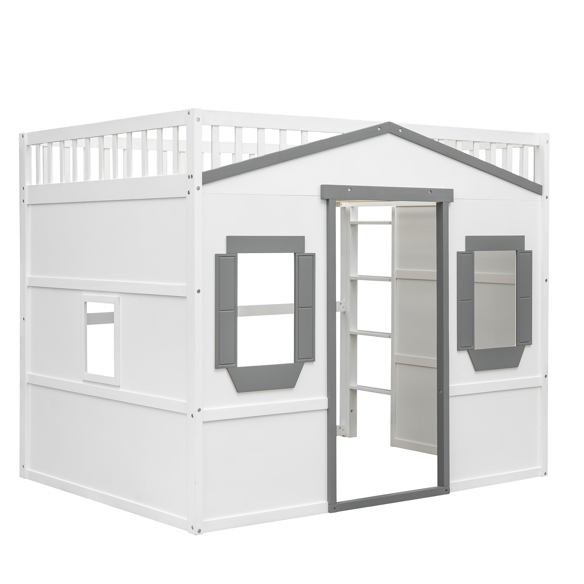 Royard Oaktree House Loft Bed with Under-bed Playhouse, Window, and Wall, Wood Loft Bed Frame with Guardrail and Ladder for Kids Boys Girls Teens