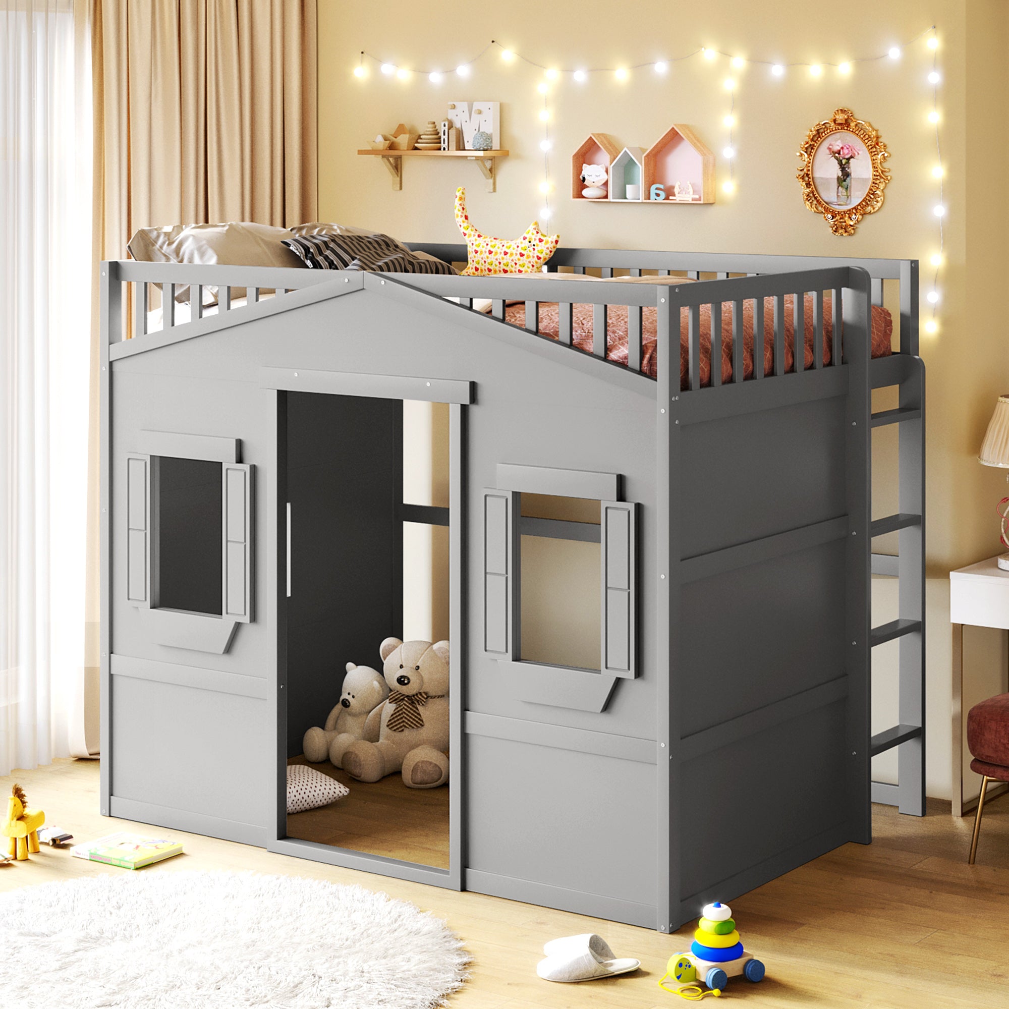 Royard Oaktree House Loft Bed with Under-bed Playhouse, Window, and Wall, Wood Loft Bed Frame with Guardrail and Ladder for Kids Boys Girls Teens