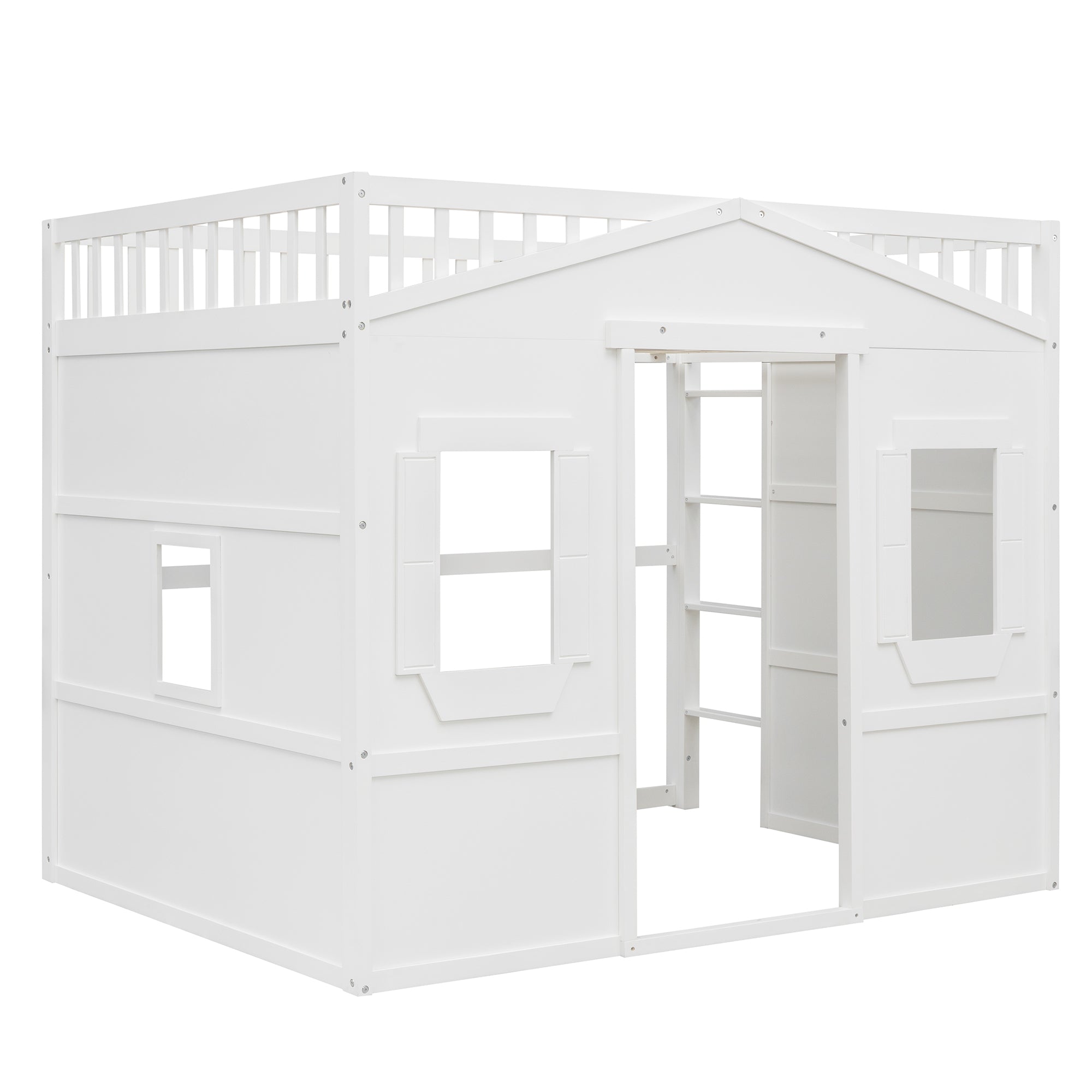 Royard Oaktree House Loft Bed with Under-bed Playhouse, Window, and Wall, Wood Loft Bed Frame with Guardrail and Ladder for Kids Boys Girls Teens