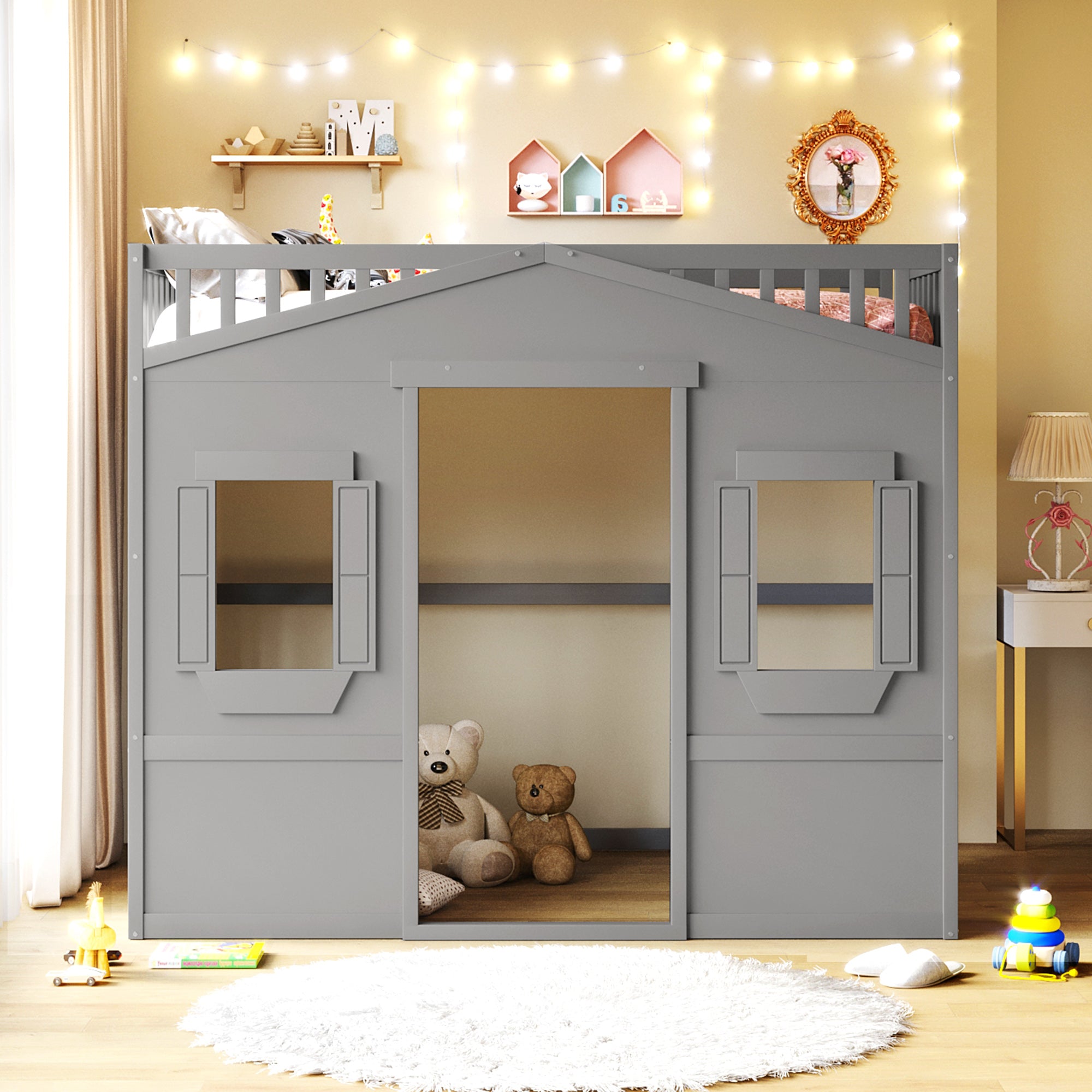 Royard Oaktree House Loft Bed with Under-bed Playhouse, Window, and Wall, Wood Loft Bed Frame with Guardrail and Ladder for Kids Boys Girls Teens