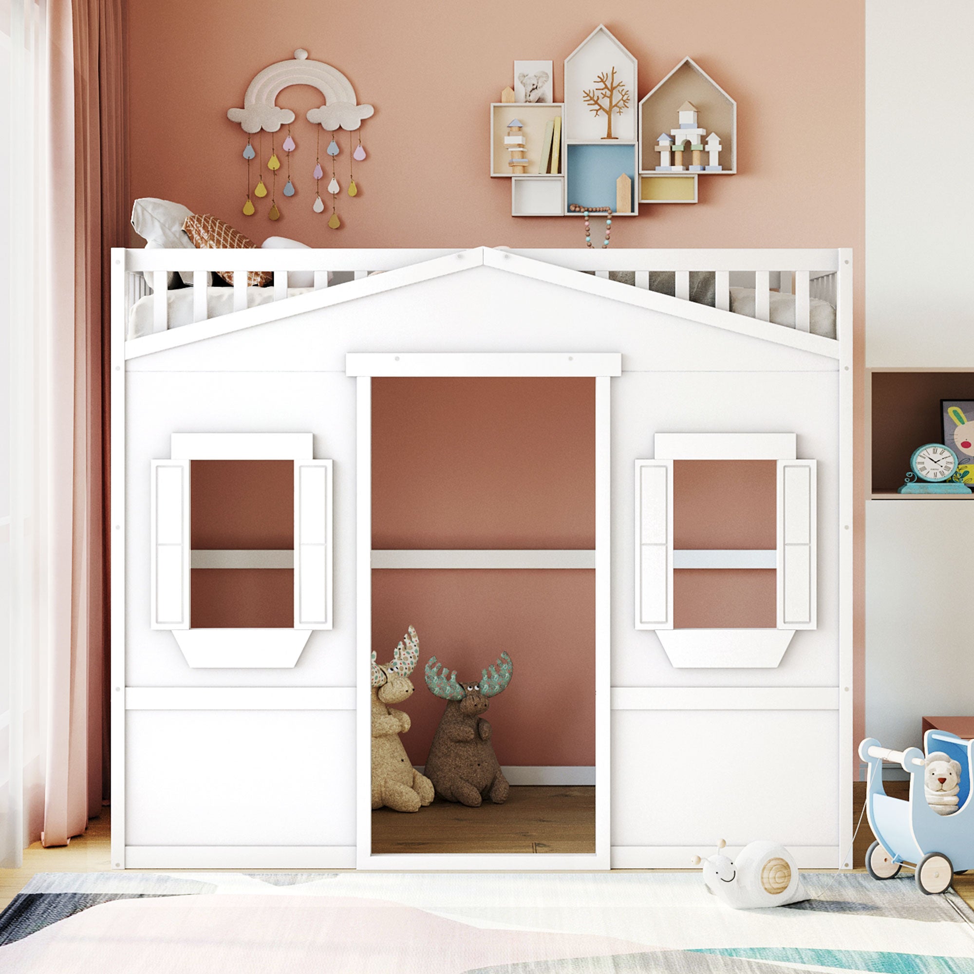 Royard Oaktree House Loft Bed with Under-bed Playhouse, Window, and Wall, Wood Loft Bed Frame with Guardrail and Ladder for Kids Boys Girls Teens