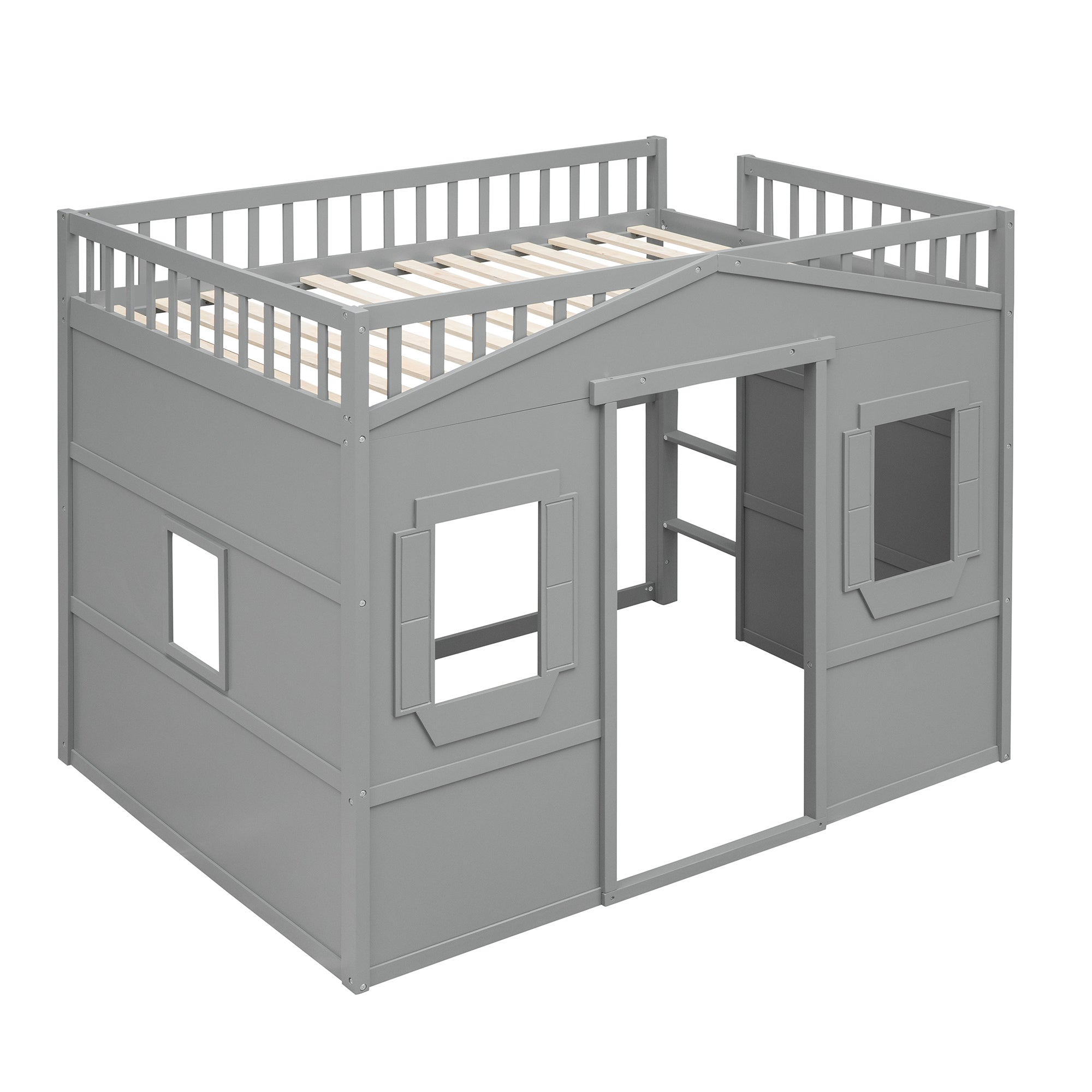 Royard Oaktree House Loft Bed with Under-bed Playhouse, Window, and Wall, Wood Loft Bed Frame with Guardrail and Ladder for Kids Boys Girls Teens