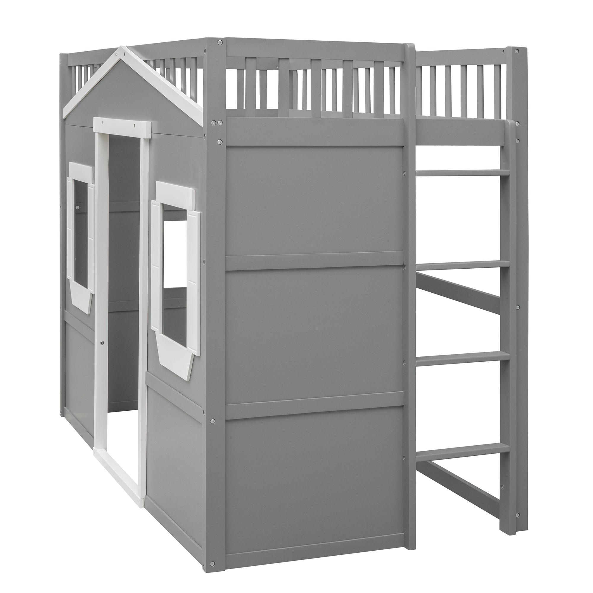 Royard Oaktree House Loft Bed with Under-bed Playhouse, Window, and Wall, Wood Loft Bed Frame with Guardrail and Ladder for Kids Boys Girls Teens