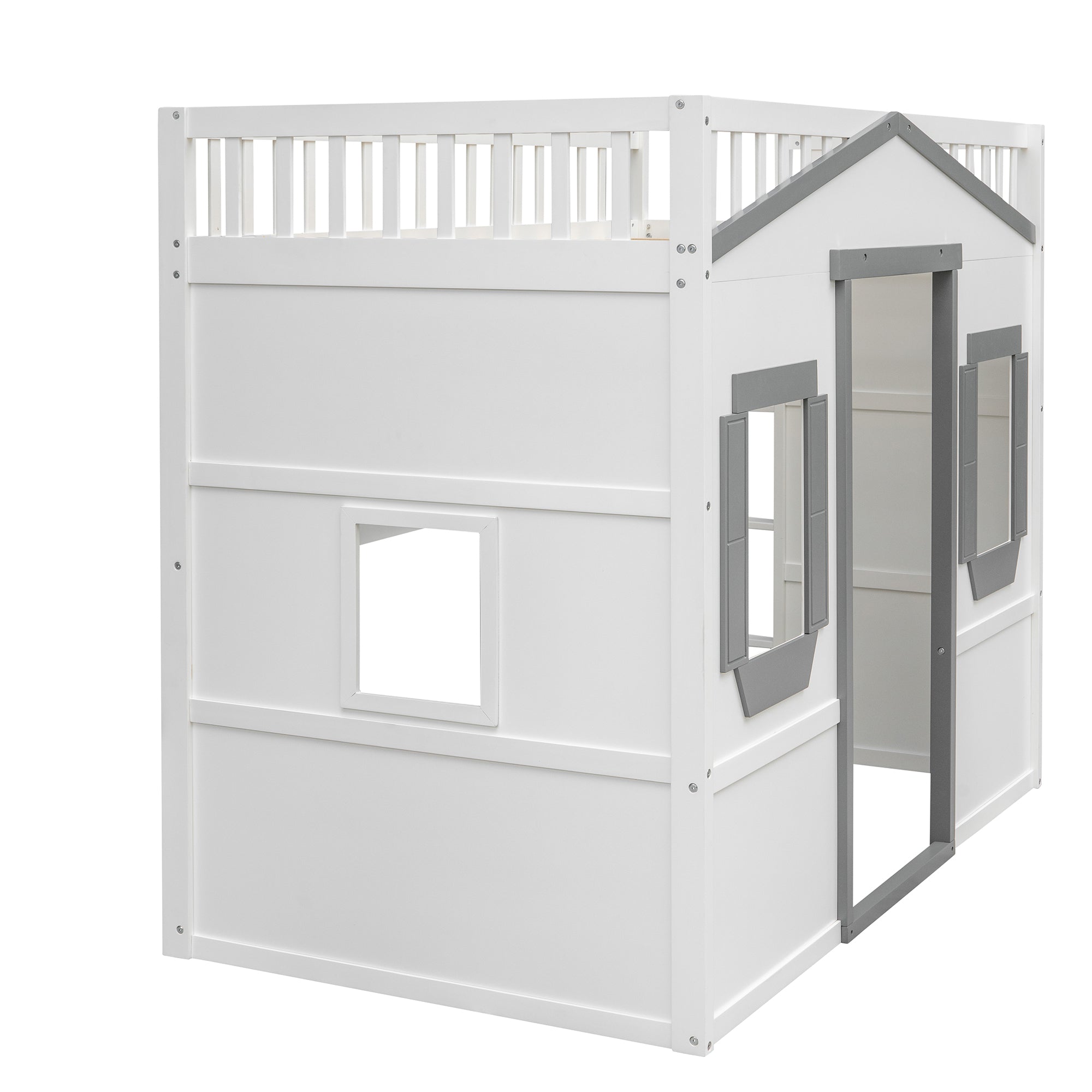 Royard Oaktree House Loft Bed with Under-bed Playhouse, Window, and Wall, Wood Loft Bed Frame with Guardrail and Ladder for Kids Boys Girls Teens