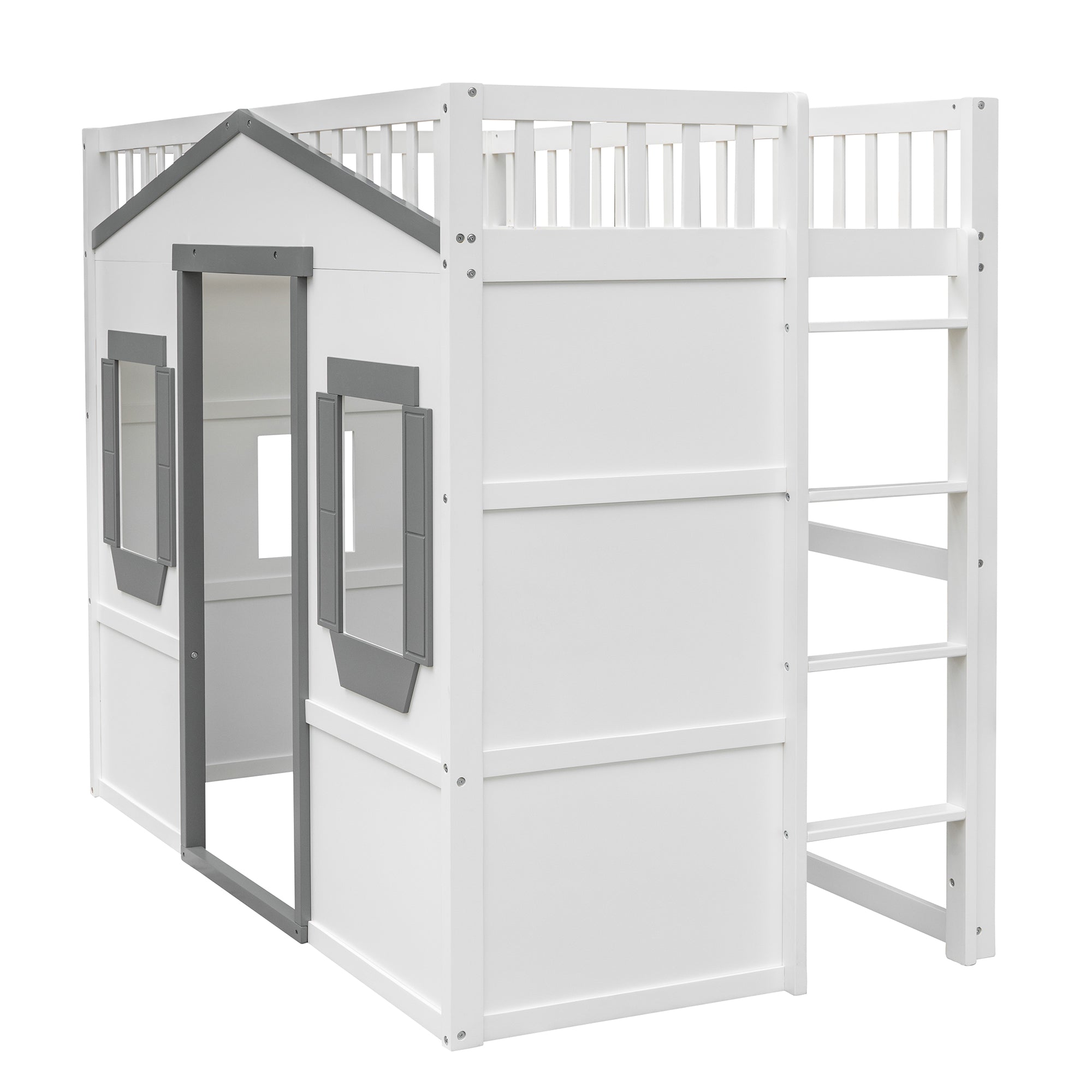 Royard Oaktree House Loft Bed with Under-bed Playhouse, Window, and Wall, Wood Loft Bed Frame with Guardrail and Ladder for Kids Boys Girls Teens