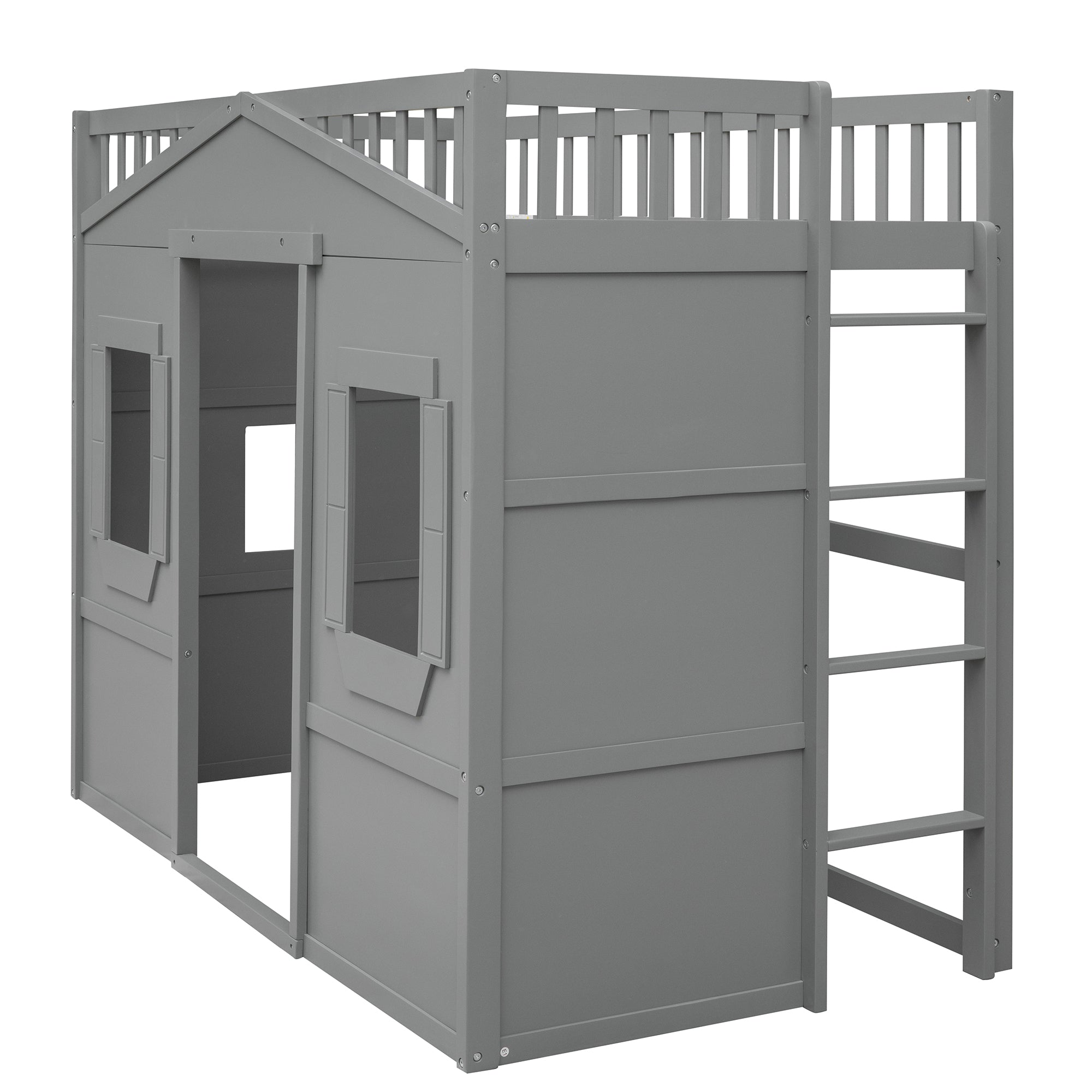 Royard Oaktree House Loft Bed with Under-bed Playhouse, Window, and Wall, Wood Loft Bed Frame with Guardrail and Ladder for Kids Boys Girls Teens