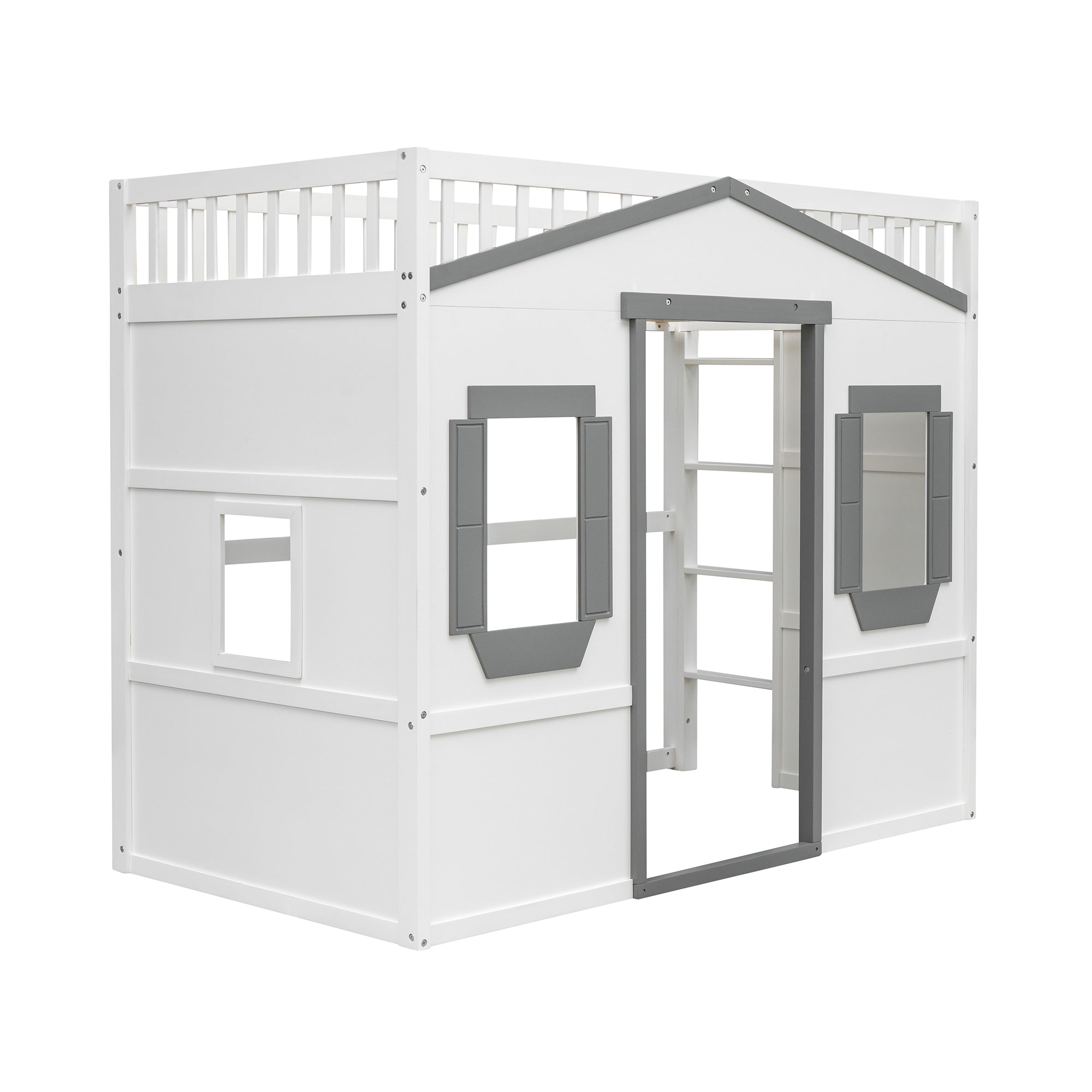 Royard Oaktree House Loft Bed with Under-bed Playhouse, Window, and Wall, Wood Loft Bed Frame with Guardrail and Ladder for Kids Boys Girls Teens