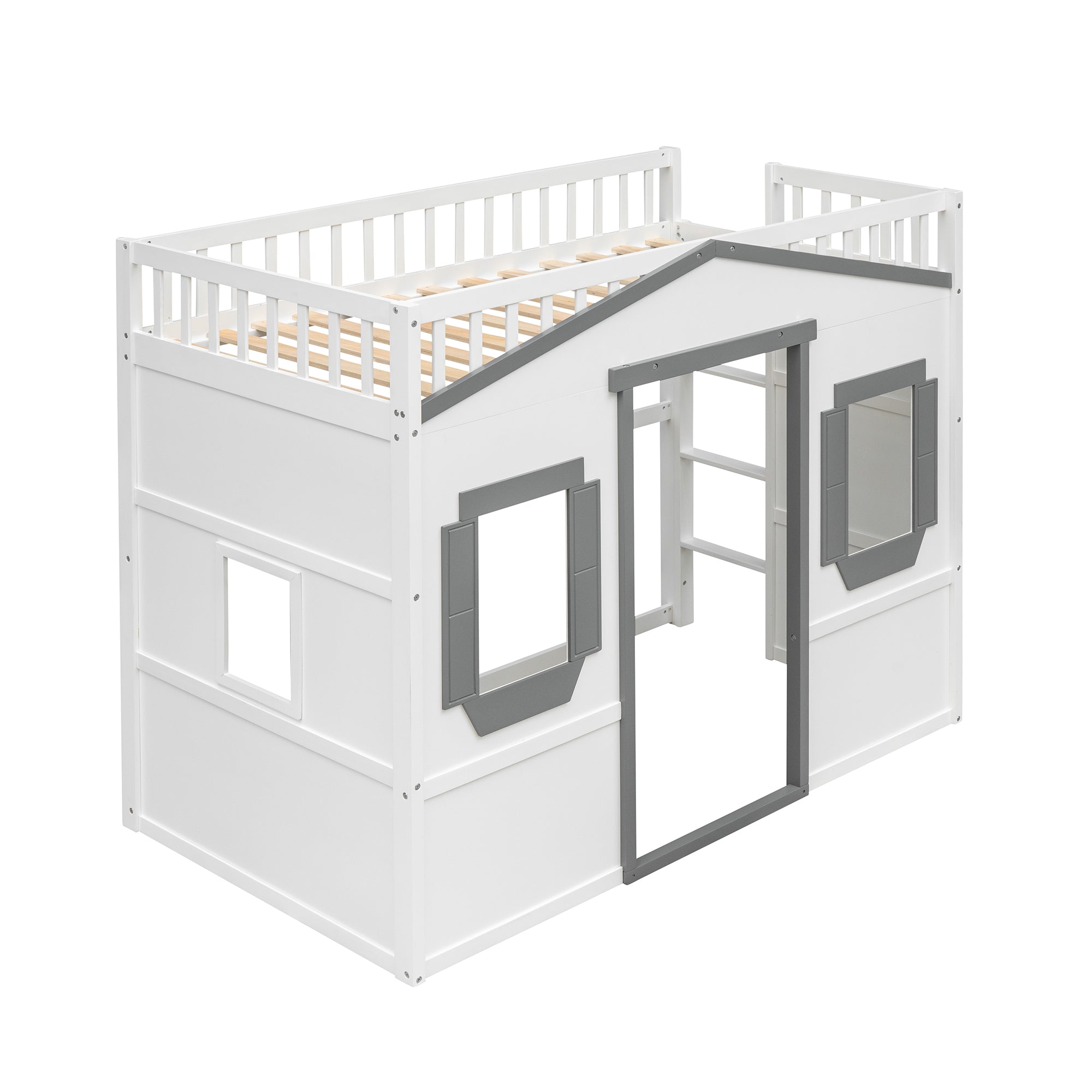 Royard Oaktree House Loft Bed with Under-bed Playhouse, Window, and Wall, Wood Loft Bed Frame with Guardrail and Ladder for Kids Boys Girls Teens