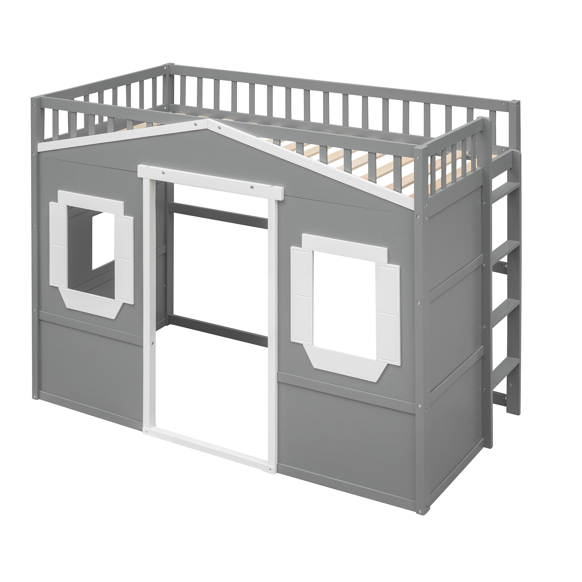 Royard Oaktree House Loft Bed with Under-bed Playhouse, Window, and Wall, Wood Loft Bed Frame with Guardrail and Ladder for Kids Boys Girls Teens