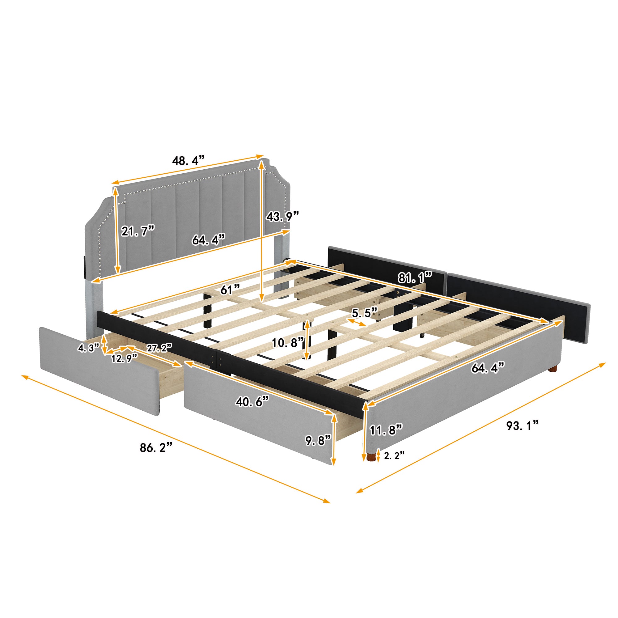 Royard Oaktree Platform Bed Frame with Four Storage Drawers Velvet Upholstered Bed with Tufted Curved Headboard, Nailhead Trim, No Box Spring Needed, Grey