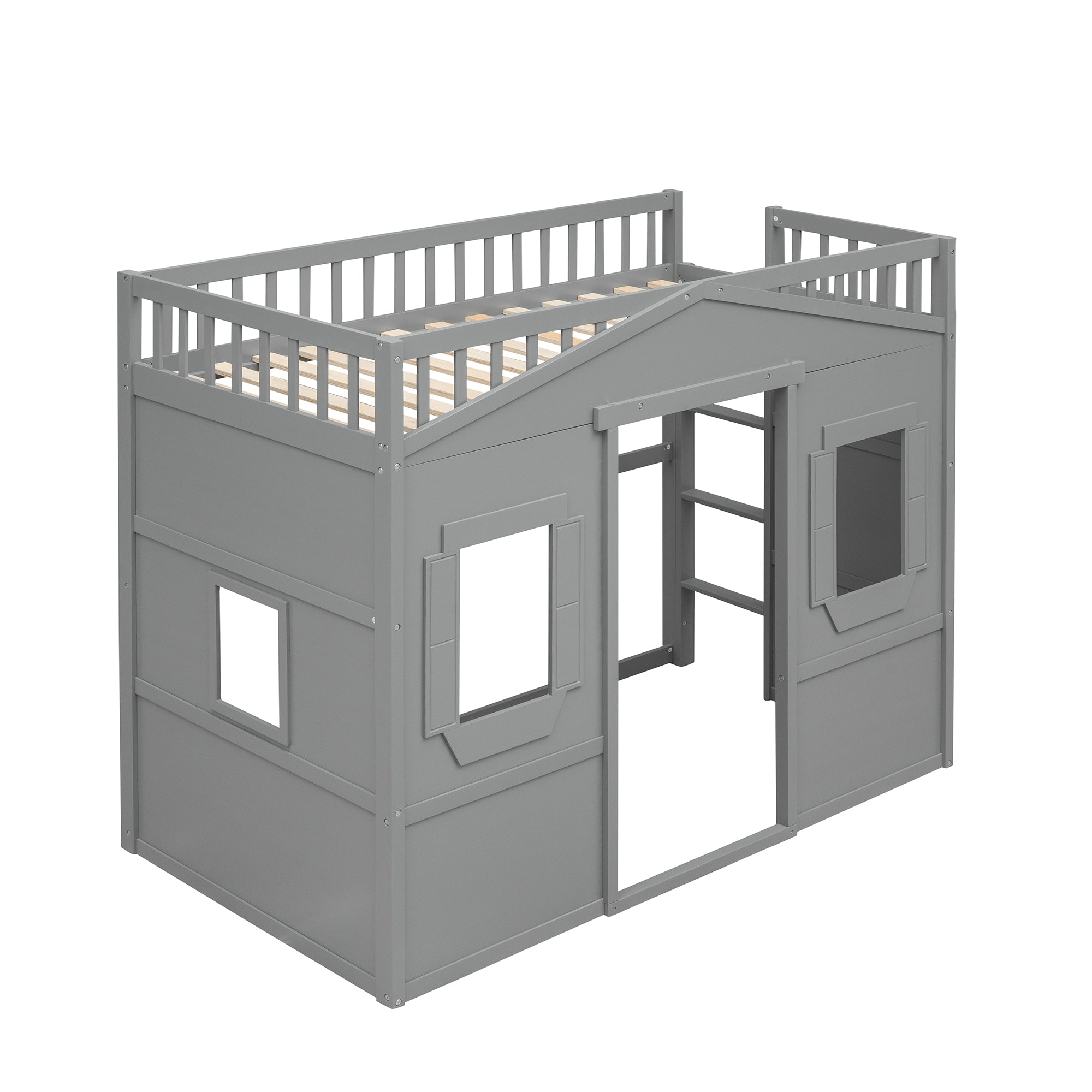 Royard Oaktree House Loft Bed with Under-bed Playhouse, Window, and Wall, Wood Loft Bed Frame with Guardrail and Ladder for Kids Boys Girls Teens