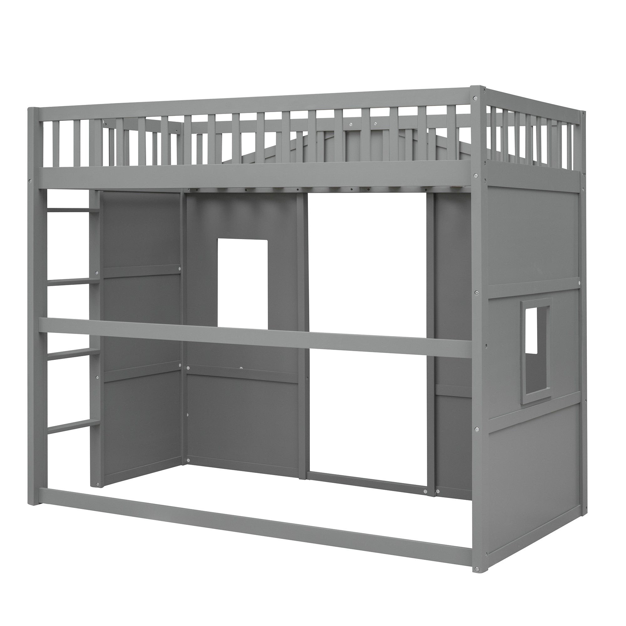 Royard Oaktree House Loft Bed with Under-bed Playhouse, Window, and Wall, Wood Loft Bed Frame with Guardrail and Ladder for Kids Boys Girls Teens