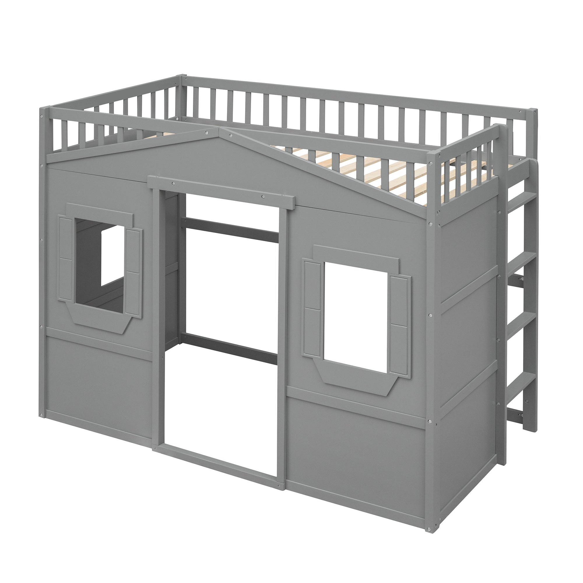 Royard Oaktree House Loft Bed with Under-bed Playhouse, Window, and Wall, Wood Loft Bed Frame with Guardrail and Ladder for Kids Boys Girls Teens