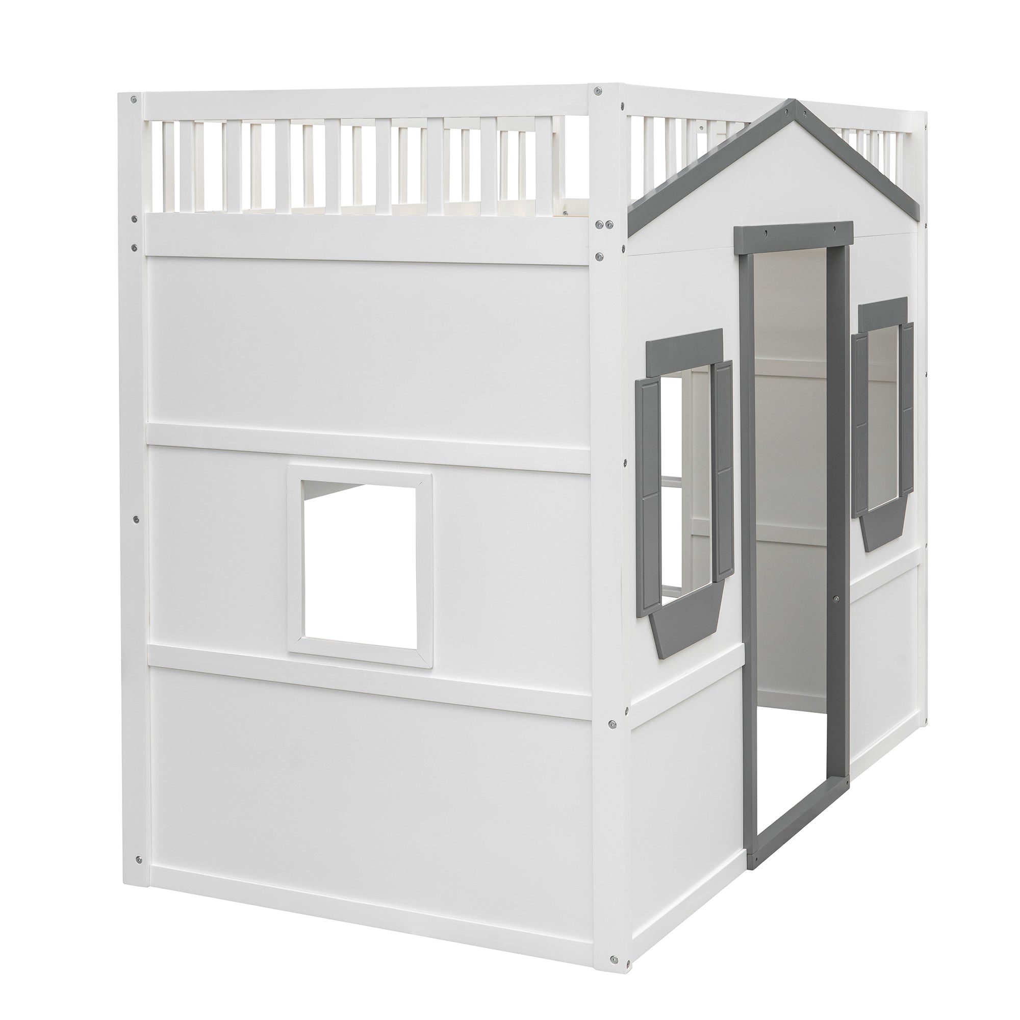 Royard Oaktree House Loft Bed with Under-bed Playhouse, Window, and Wall, Wood Loft Bed Frame with Guardrail and Ladder for Kids Boys Girls Teens