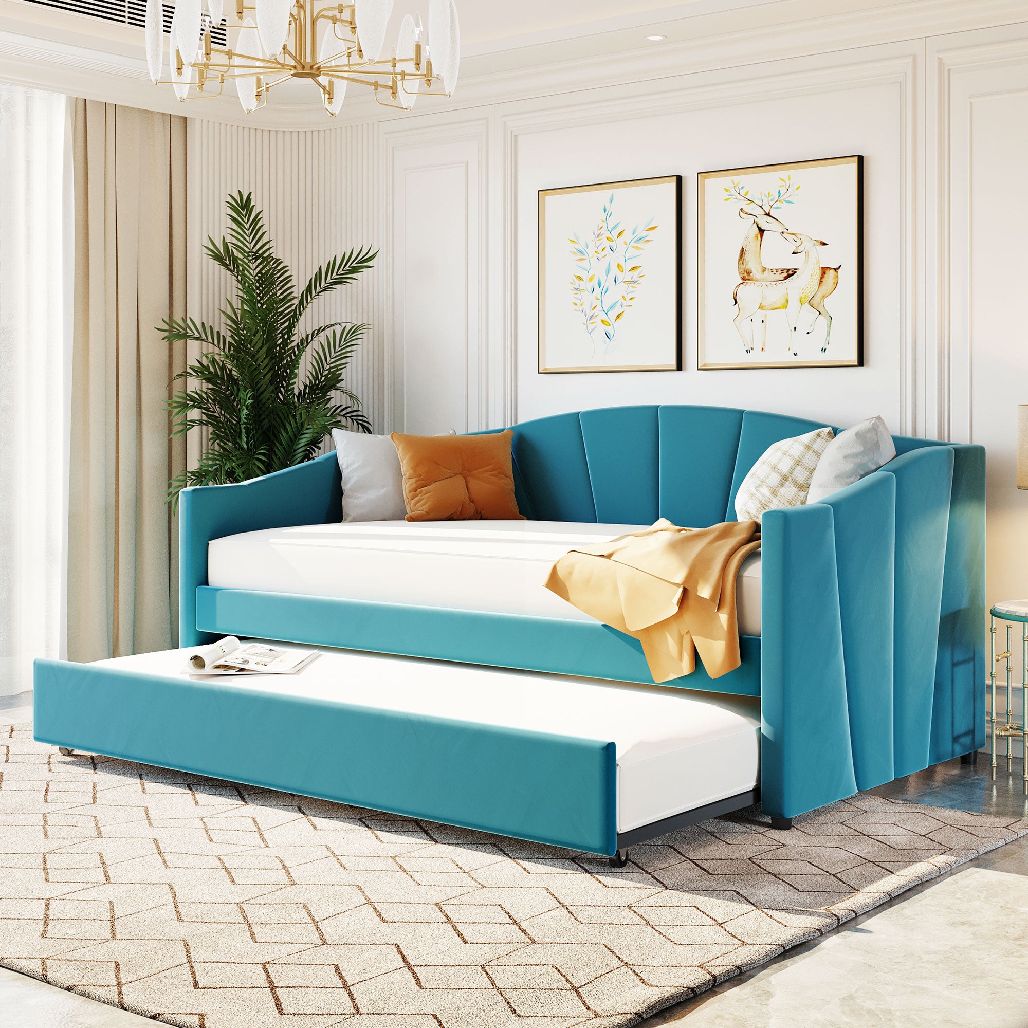 Royard Oaktree Upholstered Daybed with Modern Velvet Sofa Bed with Wood Slat for Living Room Bedroom, No Box Spring Needed