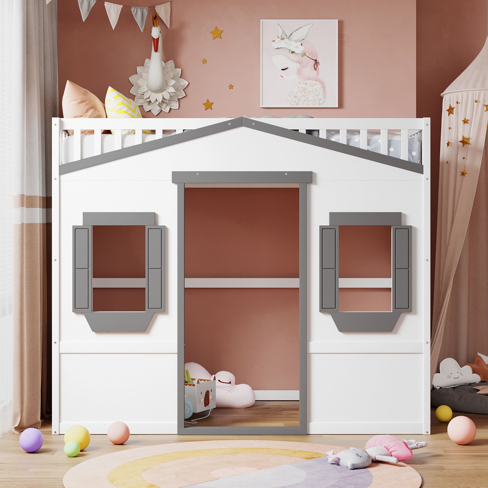 Royard Oaktree House Loft Bed with Under-bed Playhouse, Window, and Wall, Wood Loft Bed Frame with Guardrail and Ladder for Kids Boys Girls Teens