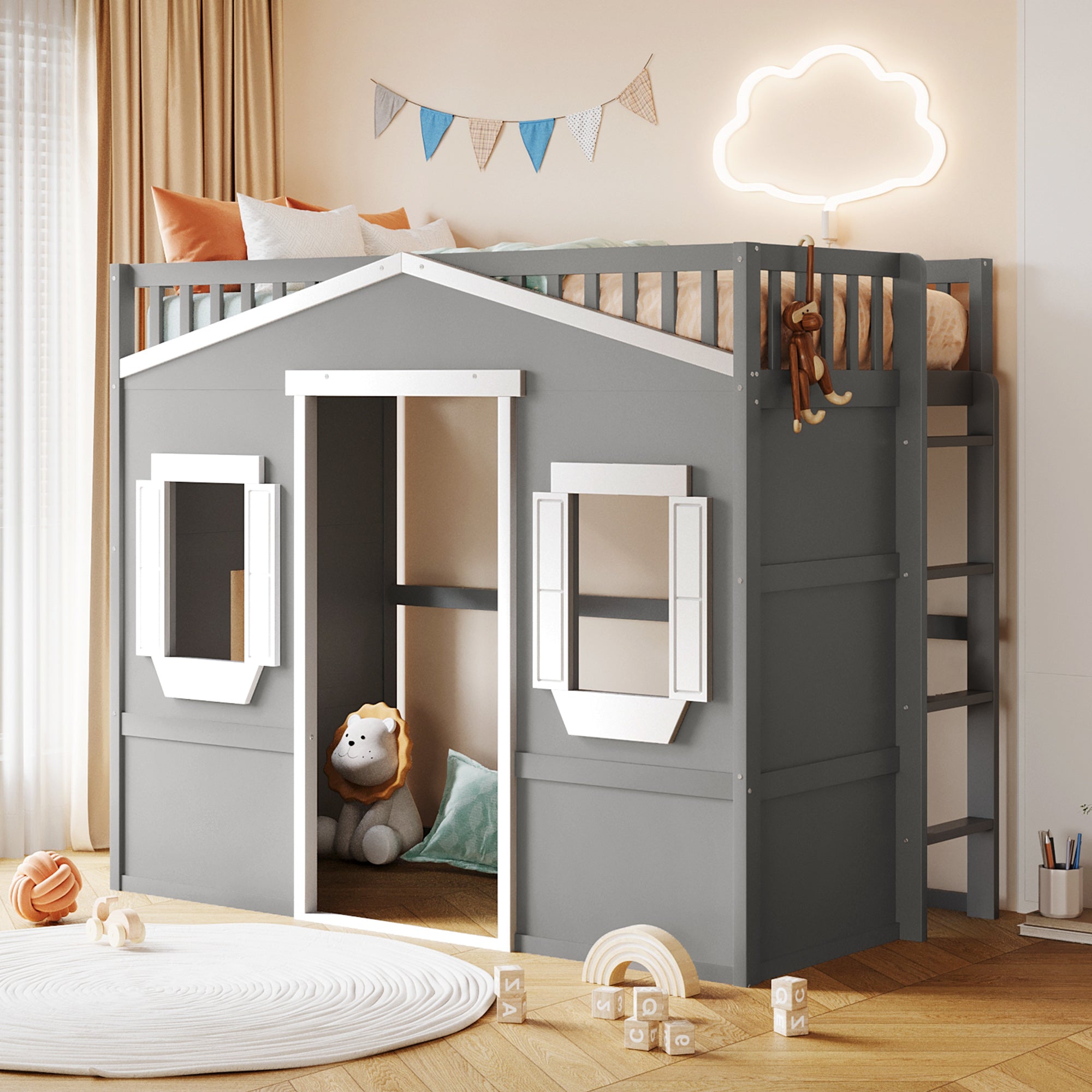 Royard Oaktree House Loft Bed with Under-bed Playhouse, Window, and Wall, Wood Loft Bed Frame with Guardrail and Ladder for Kids Boys Girls Teens