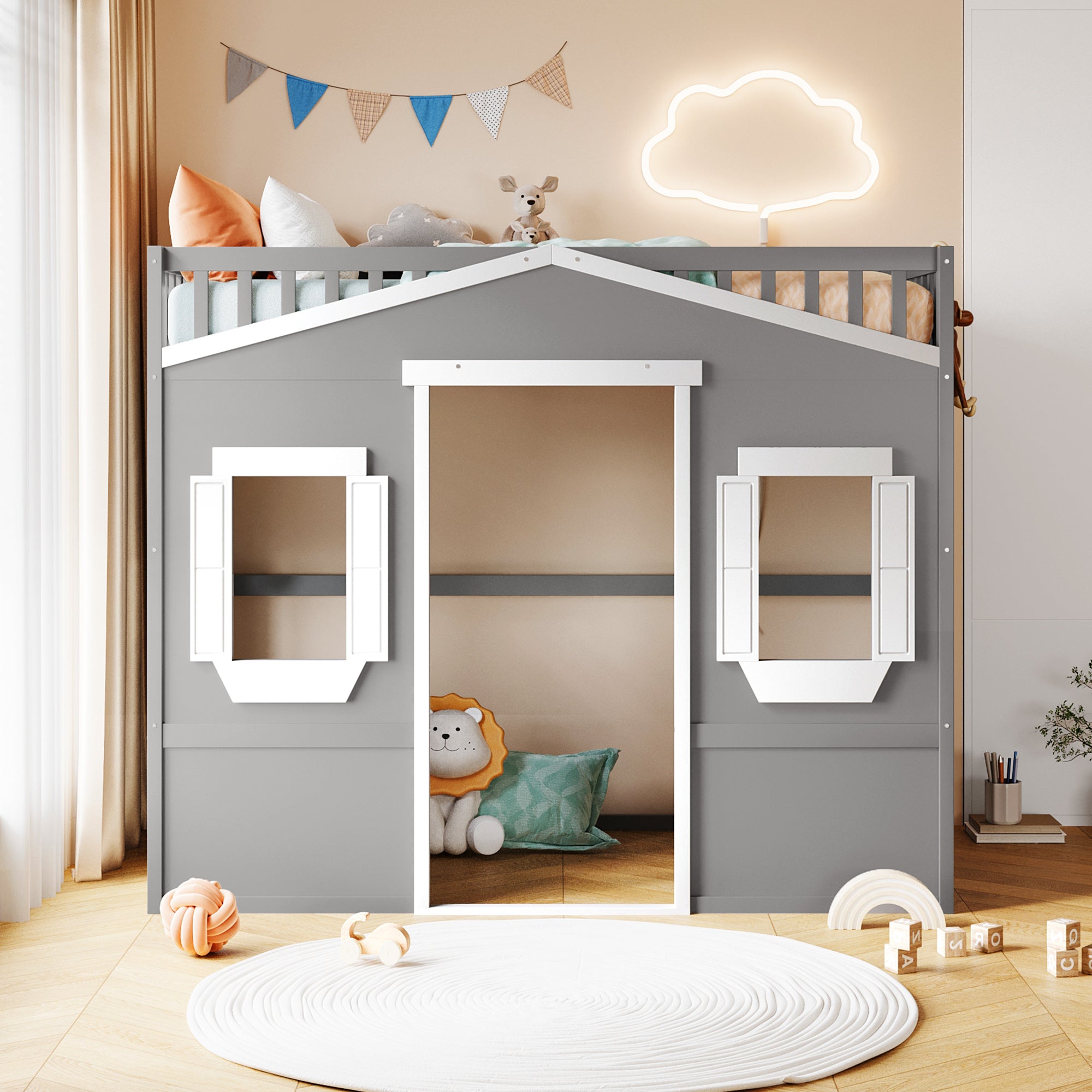 Royard Oaktree House Loft Bed with Under-bed Playhouse, Window, and Wall, Wood Loft Bed Frame with Guardrail and Ladder for Kids Boys Girls Teens