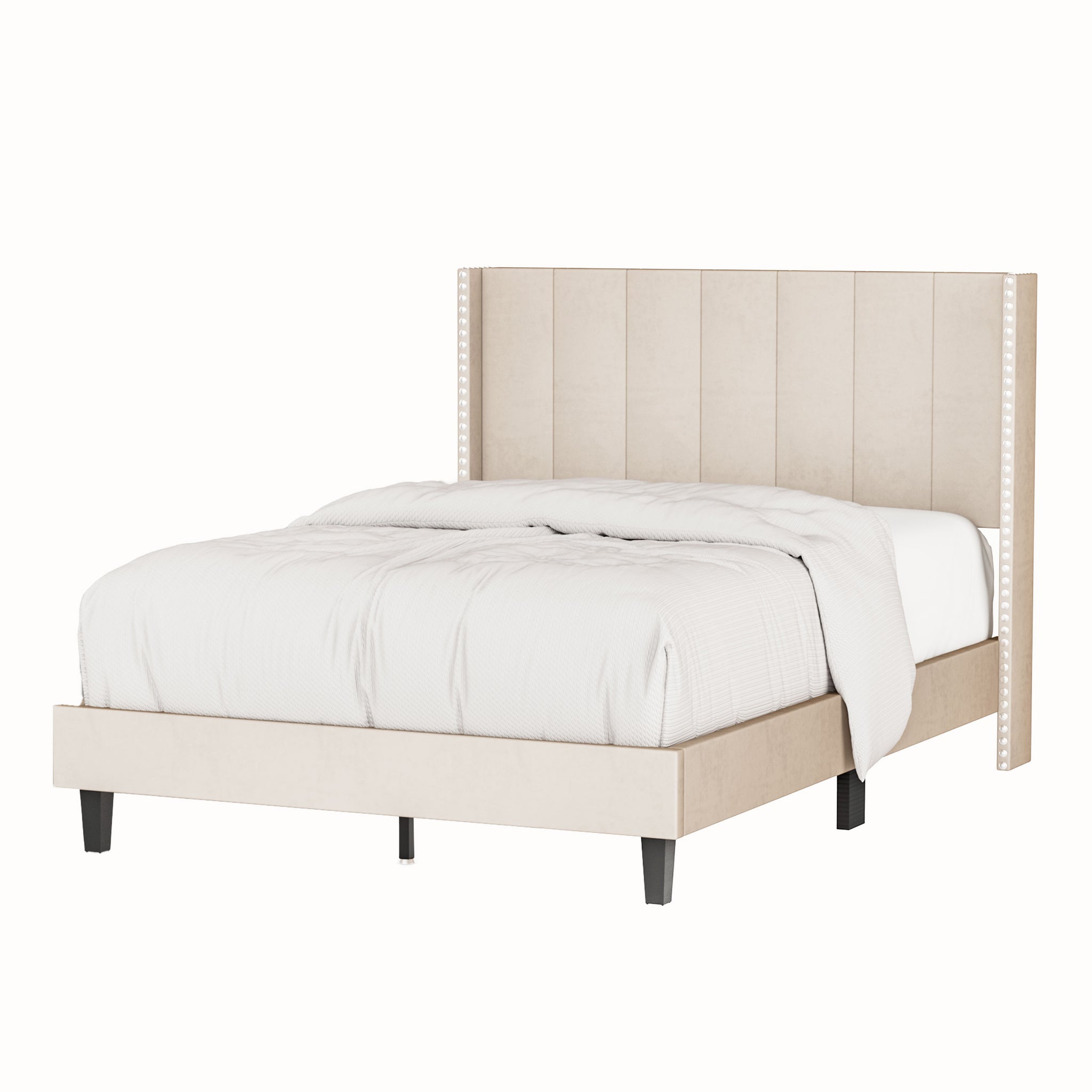 Royard Oaktree Velvet Upholstered Bed Frame with Vertical Channel Tufted Headboard, Modern Decorative Nailheads, Full-size Bed Frame Beige