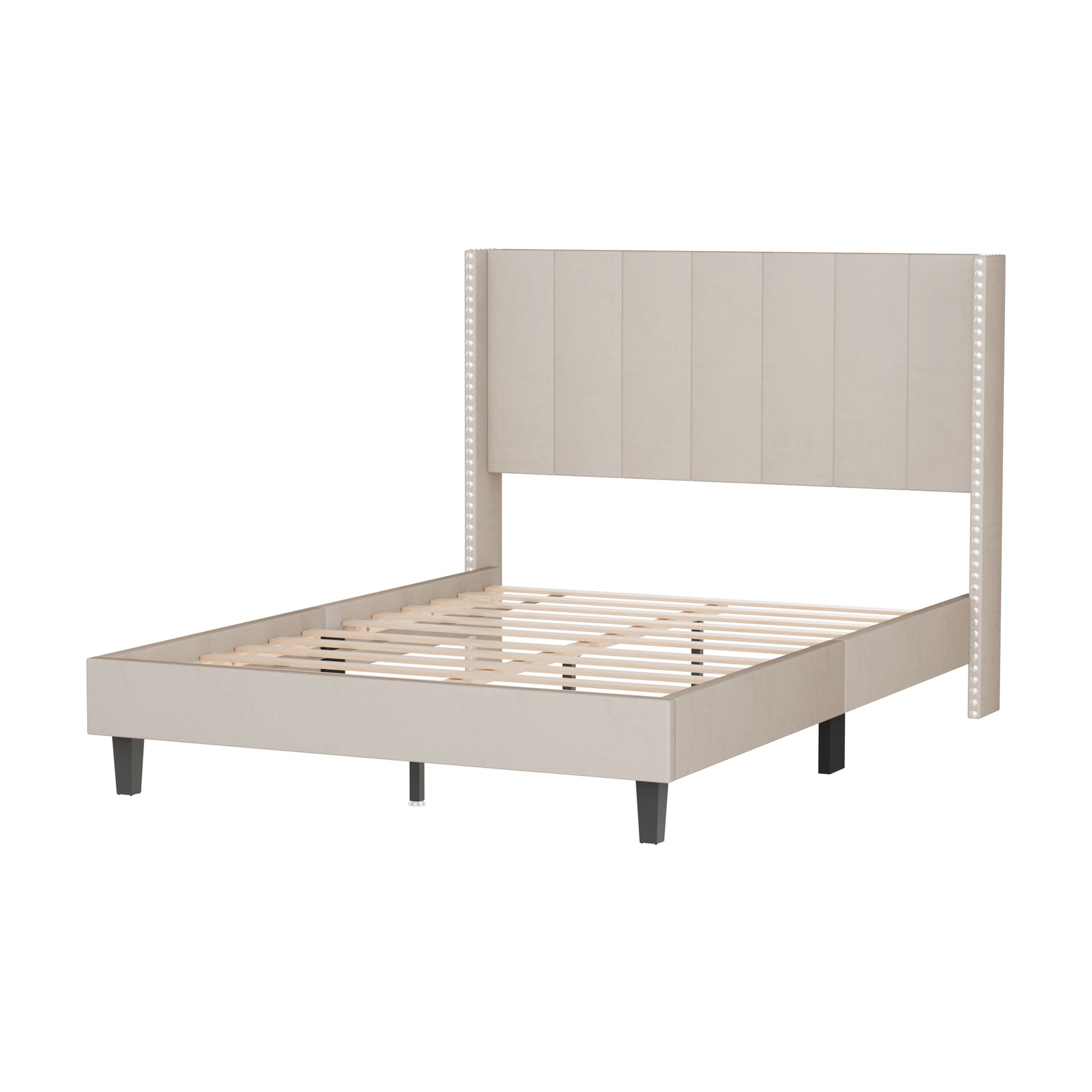 Royard Oaktree Velvet Upholstered Bed Frame with Vertical Channel Tufted Headboard, Modern Decorative Nailheads, Full-size Bed Frame Beige