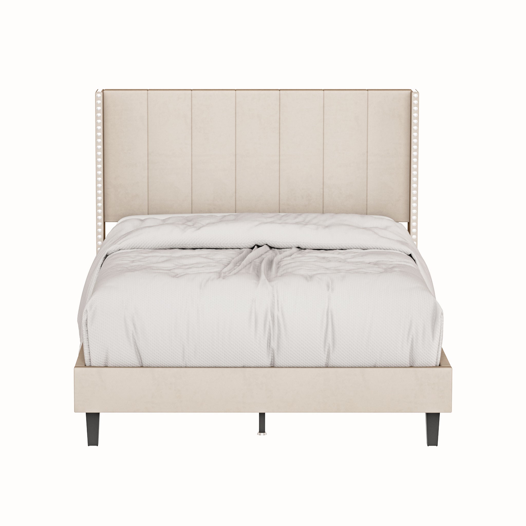 Royard Oaktree Velvet Upholstered Bed Frame with Vertical Channel Tufted Headboard, Modern Decorative Nailheads, Full-size Bed Frame Beige