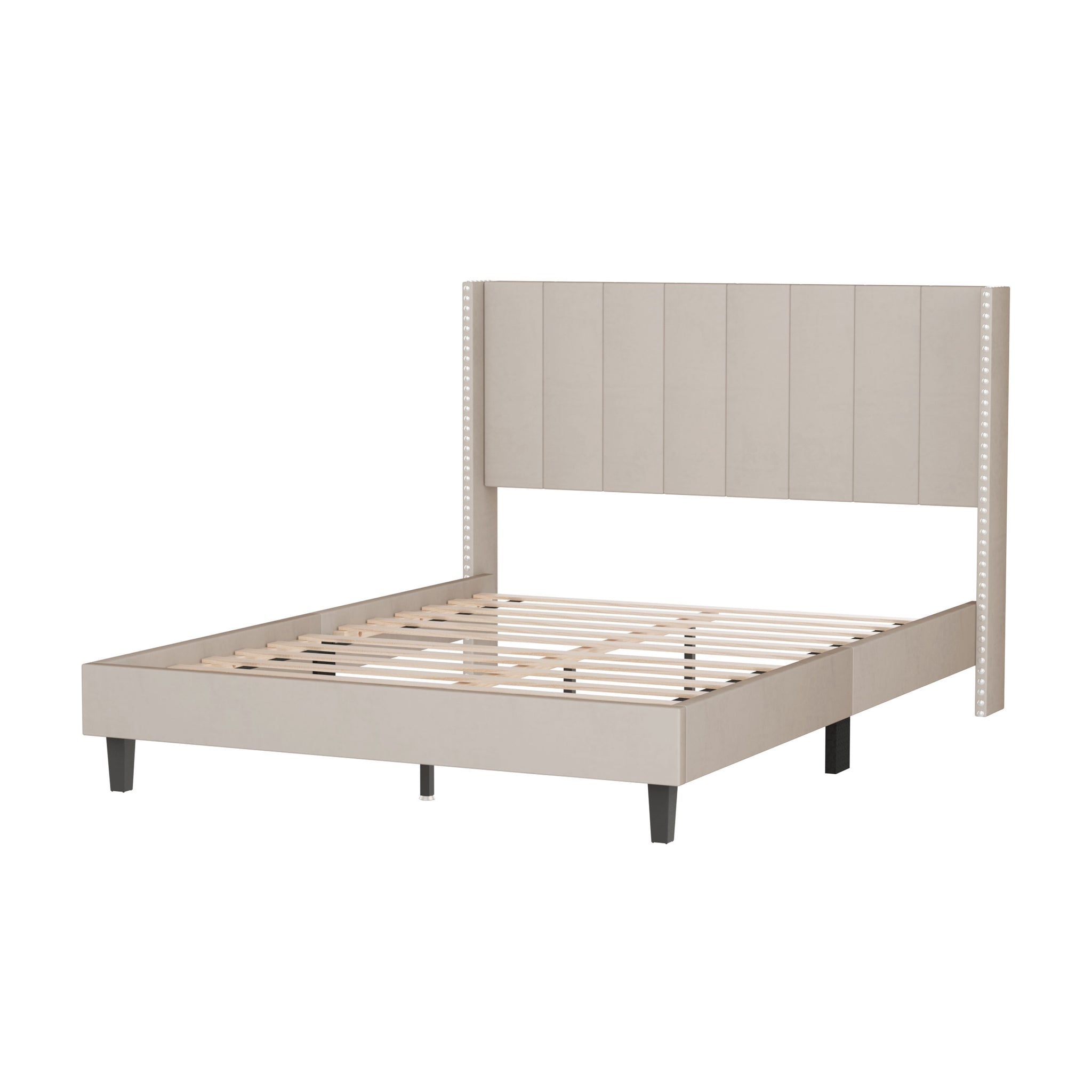 Queen Size Tufted Upholstered Bed Frame Low Profile Velvet Bed Frame Platform with Raised Wingback Headboard/No Box Spring Required/Wood Slat Support