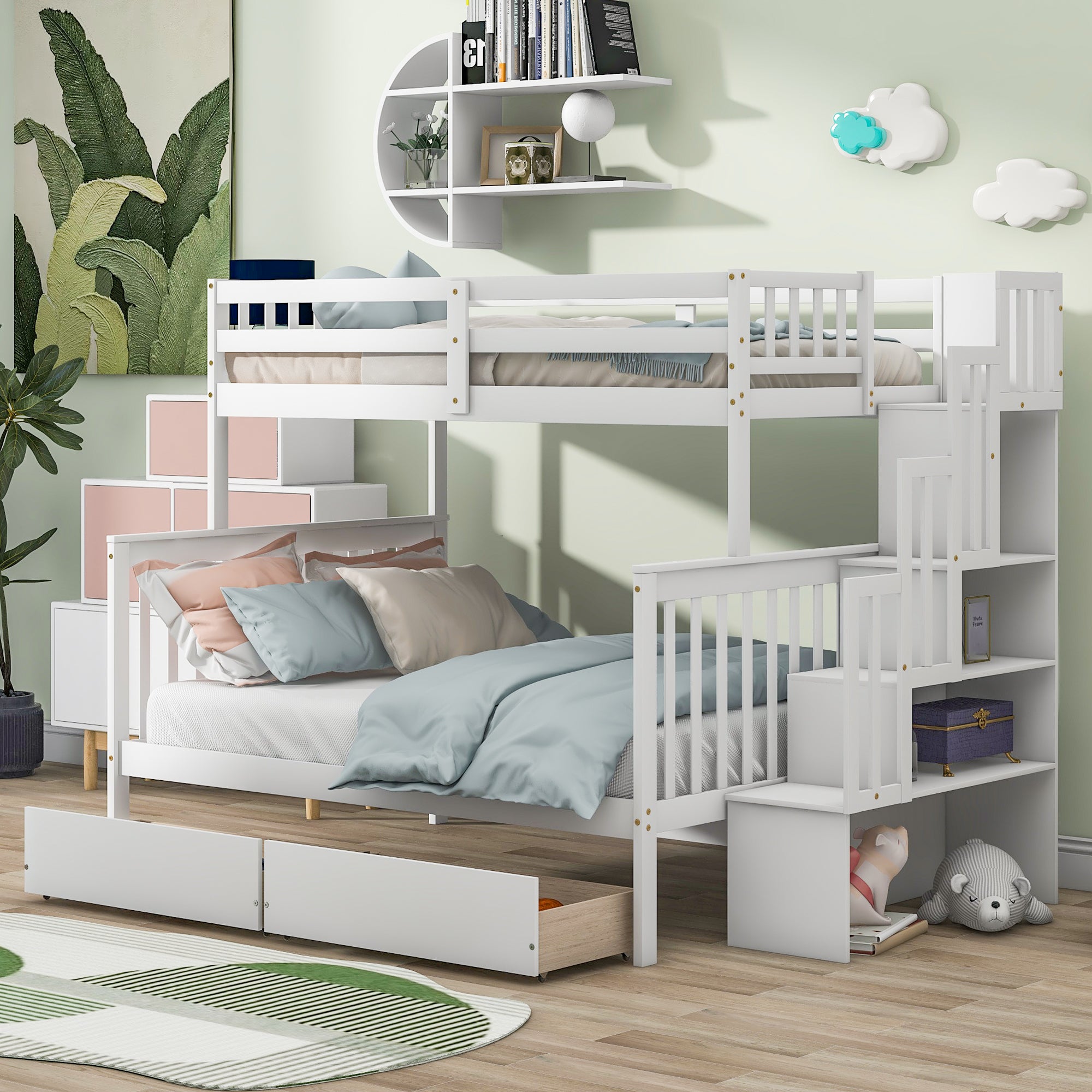 Royard Oaktree Twin Over Full Bunk Bed with 2 Drawers and Staircases, Convertible into 2 Beds, the Bunk Bed with Staircase and Safety Rails for Kids, Teens, Adults