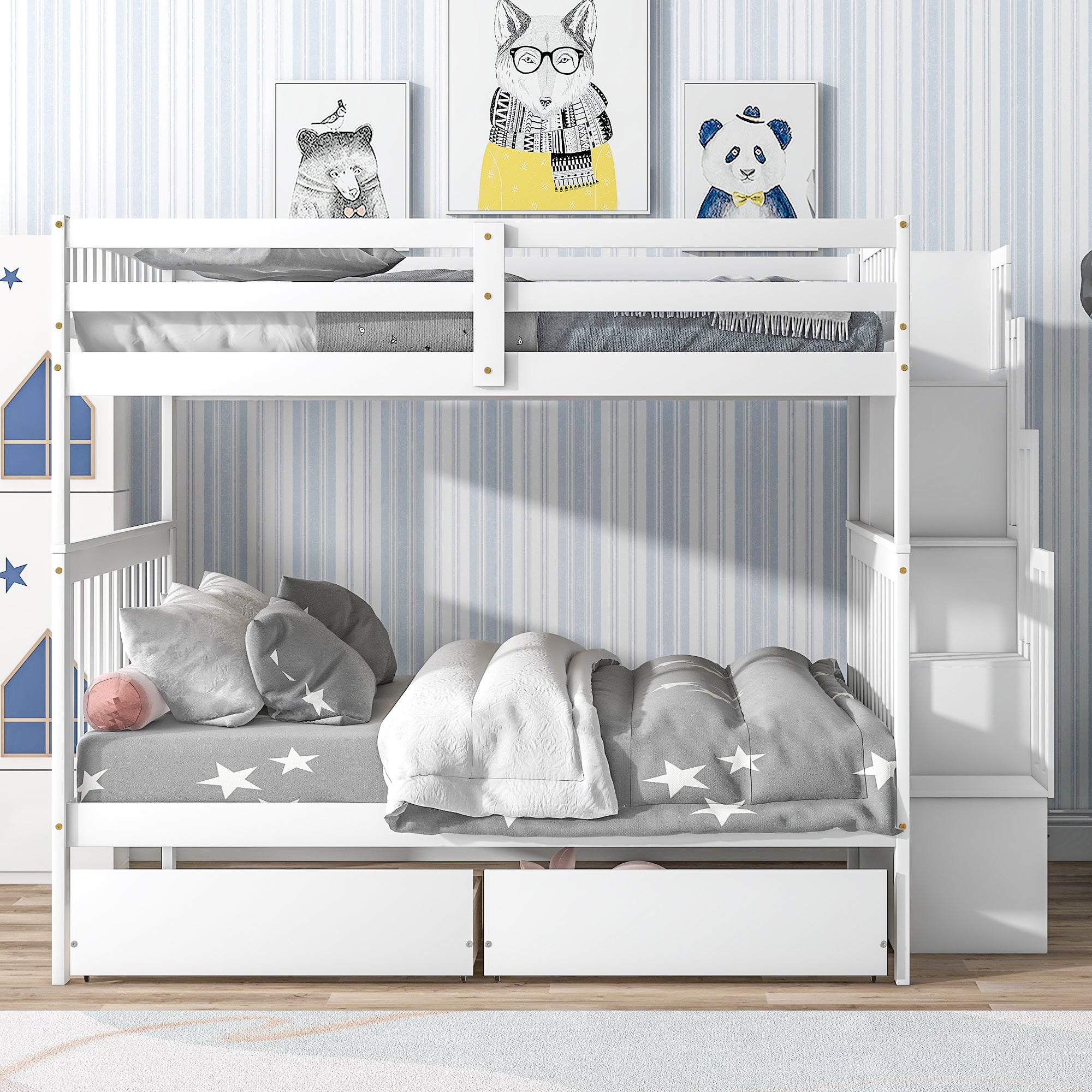 Royard Oaktree Full Over Full Bunk Bed with 2 Drawers and Staircases, Convertible into 2 Beds, the Bunk Bed with Staircase and Safety Rails for Kids, Teens, Adults