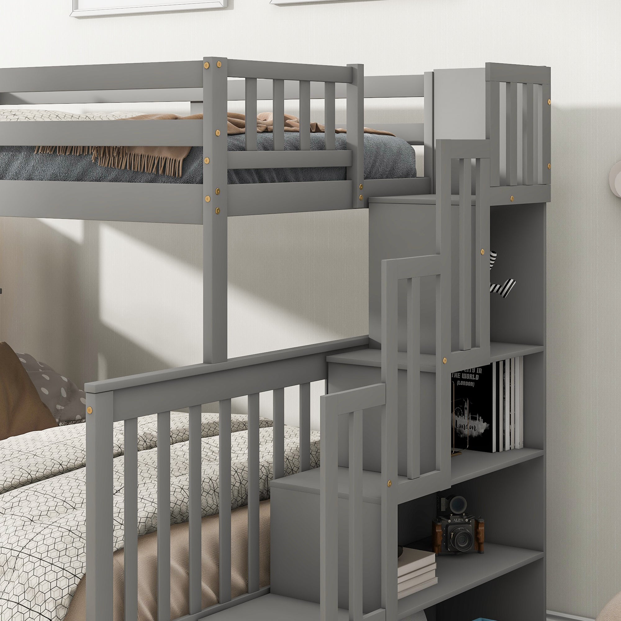 Royard Oaktree Twin Over Full Bunk Bed with 2 Drawers and Staircases, Convertible into 2 Beds, the Bunk Bed with Staircase and Safety Rails for Kids, Teens, Adults