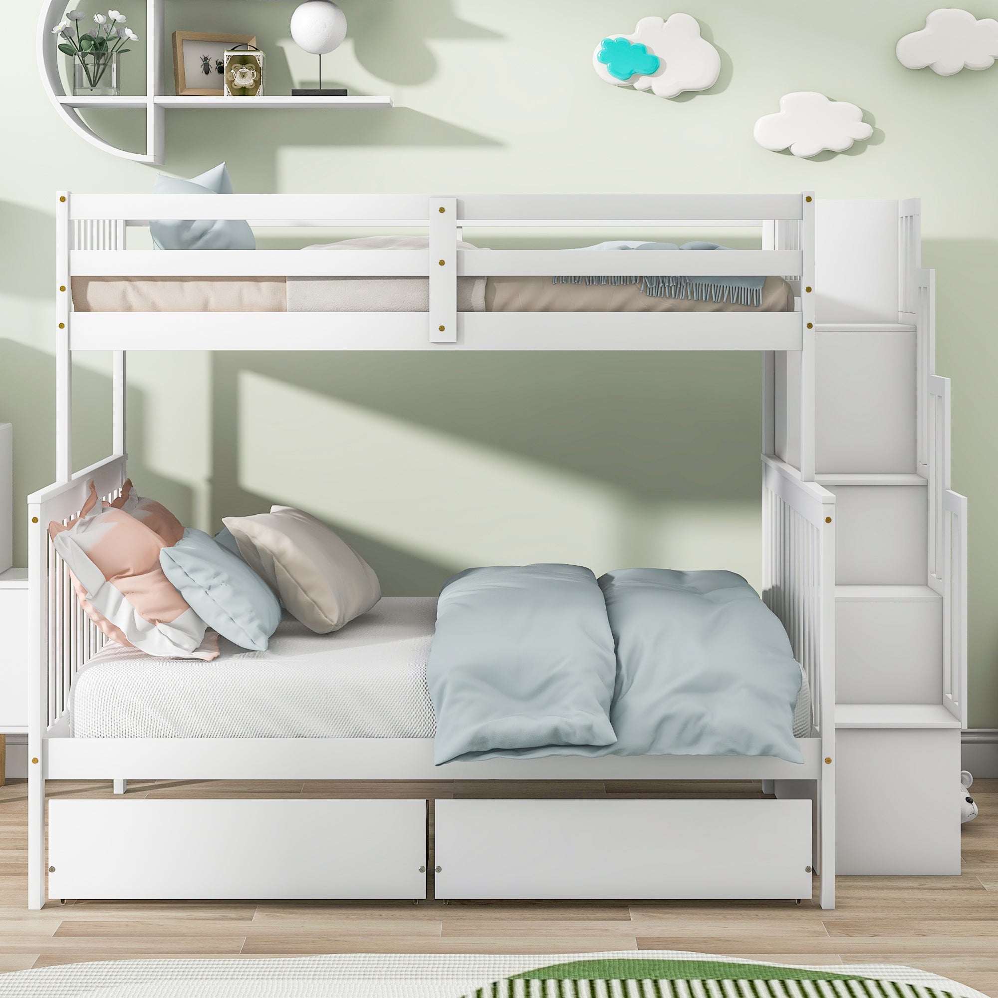 Royard Oaktree Twin Over Full Bunk Bed with 2 Drawers and Staircases, Convertible into 2 Beds, the Bunk Bed with Staircase and Safety Rails for Kids, Teens, Adults