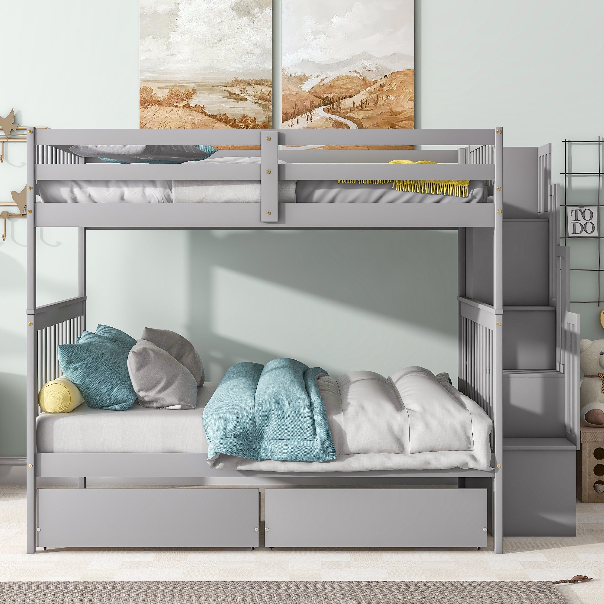 Royard Oaktree Full Over Full Bunk Bed with 2 Drawers and Staircases, Convertible into 2 Beds, the Bunk Bed with Staircase and Safety Rails for Kids, Teens, Adults