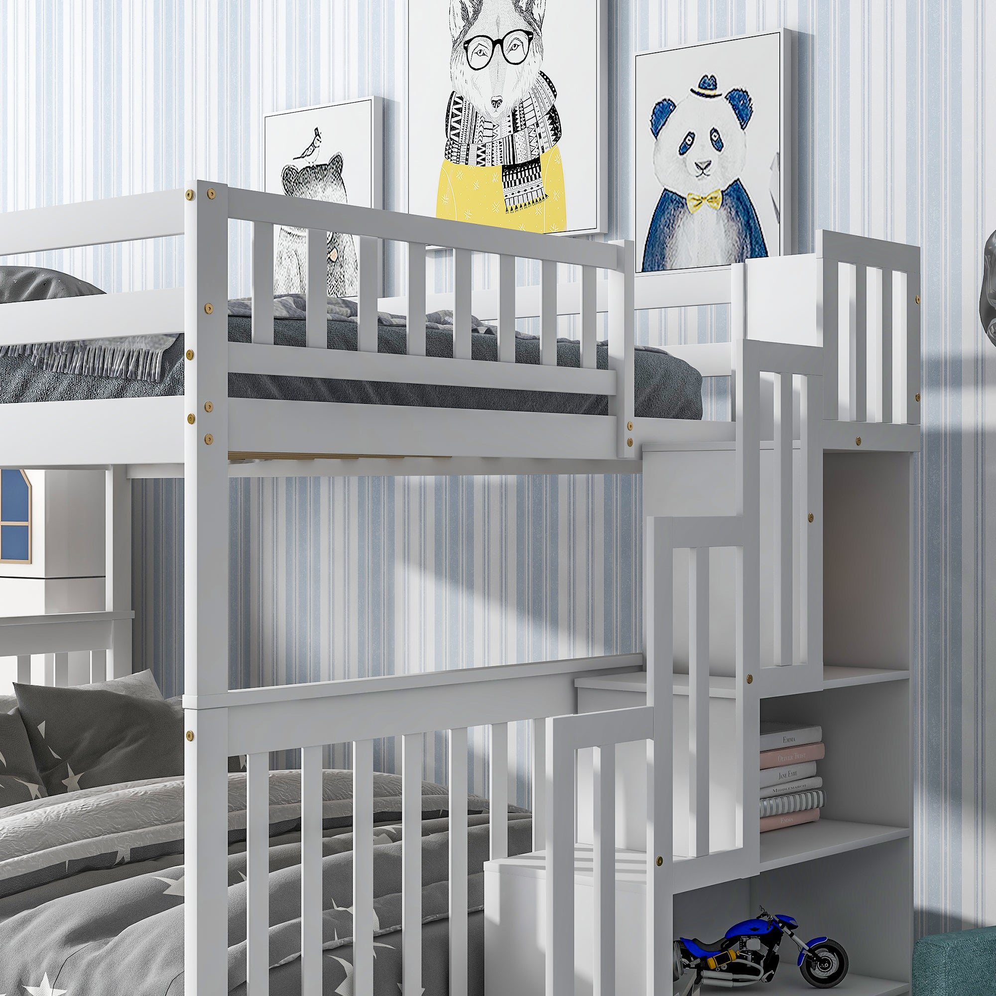 Royard Oaktree Full Over Full Bunk Bed with 2 Drawers and Staircases, Convertible into 2 Beds, the Bunk Bed with Staircase and Safety Rails for Kids, Teens, Adults