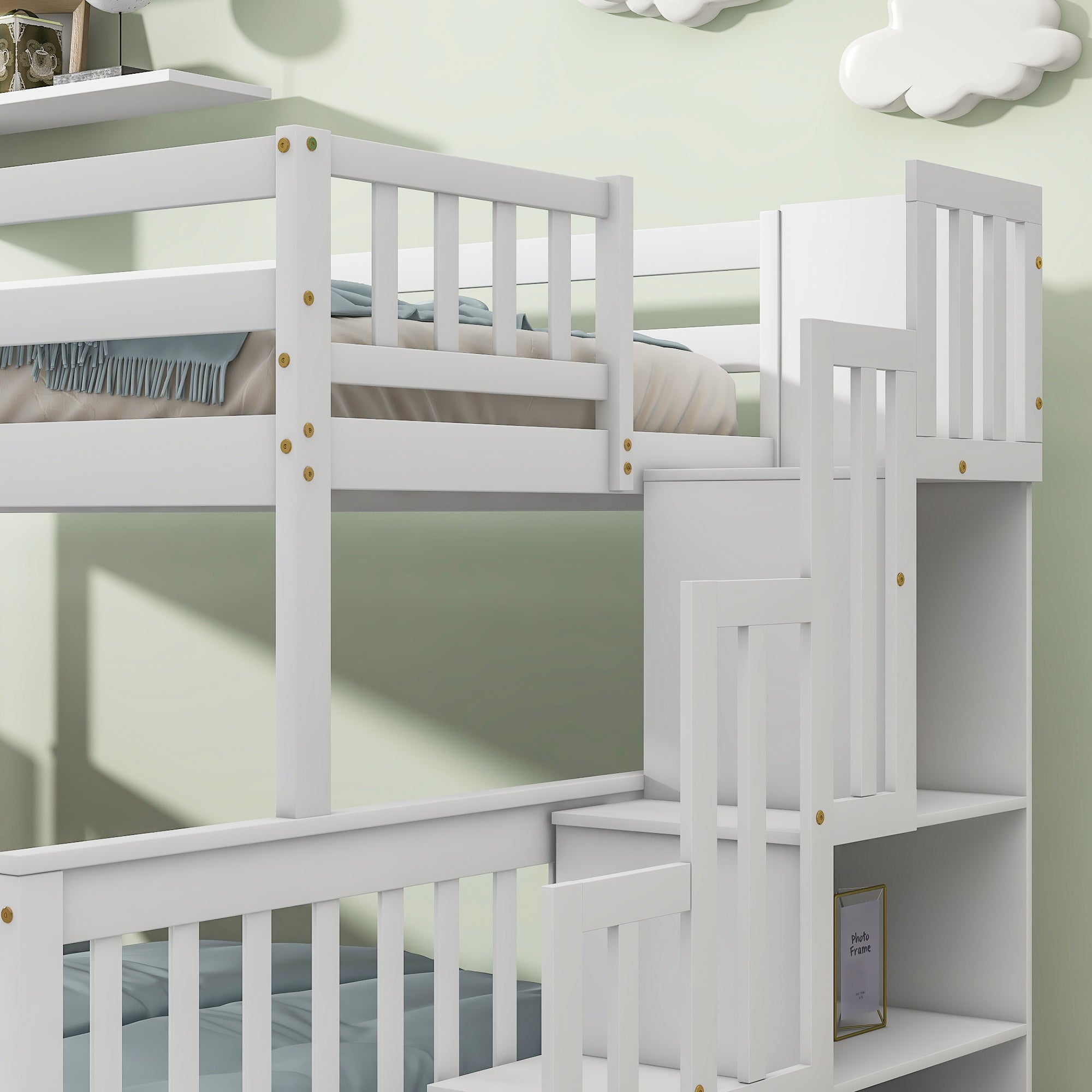 Royard Oaktree Twin Over Full Bunk Bed with 2 Drawers and Staircases, Convertible into 2 Beds, the Bunk Bed with Staircase and Safety Rails for Kids, Teens, Adults