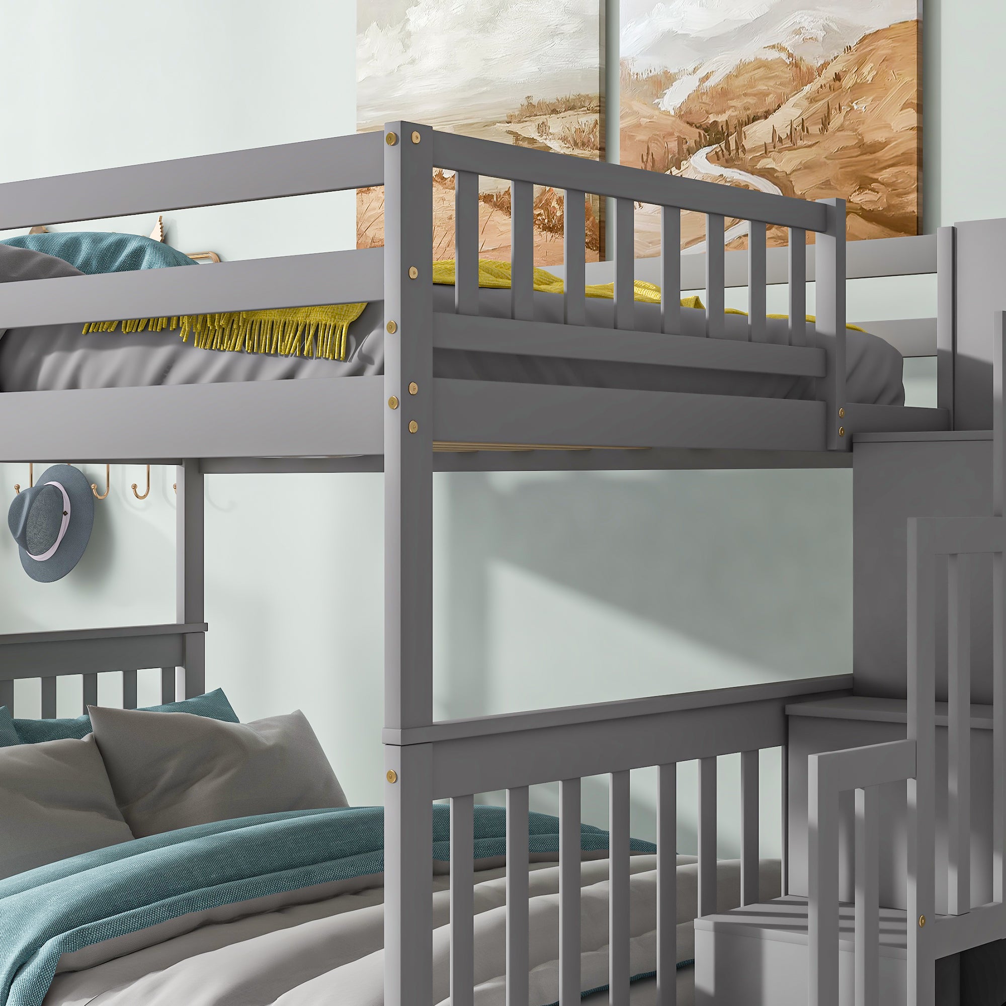 Royard Oaktree Full Over Full Bunk Bed with 2 Drawers and Staircases, Convertible into 2 Beds, the Bunk Bed with Staircase and Safety Rails for Kids, Teens, Adults