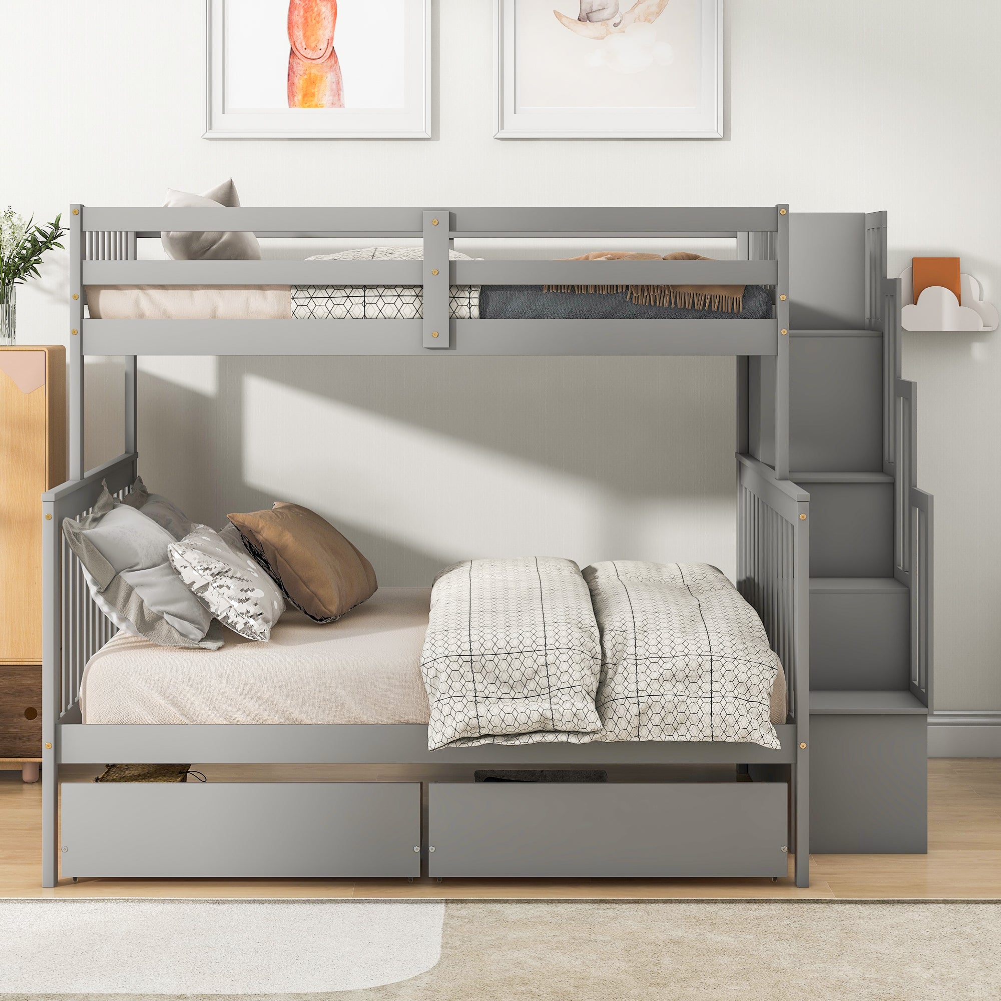 Royard Oaktree Twin Over Full Bunk Bed with 2 Drawers and Staircases, Convertible into 2 Beds, the Bunk Bed with Staircase and Safety Rails for Kids, Teens, Adults