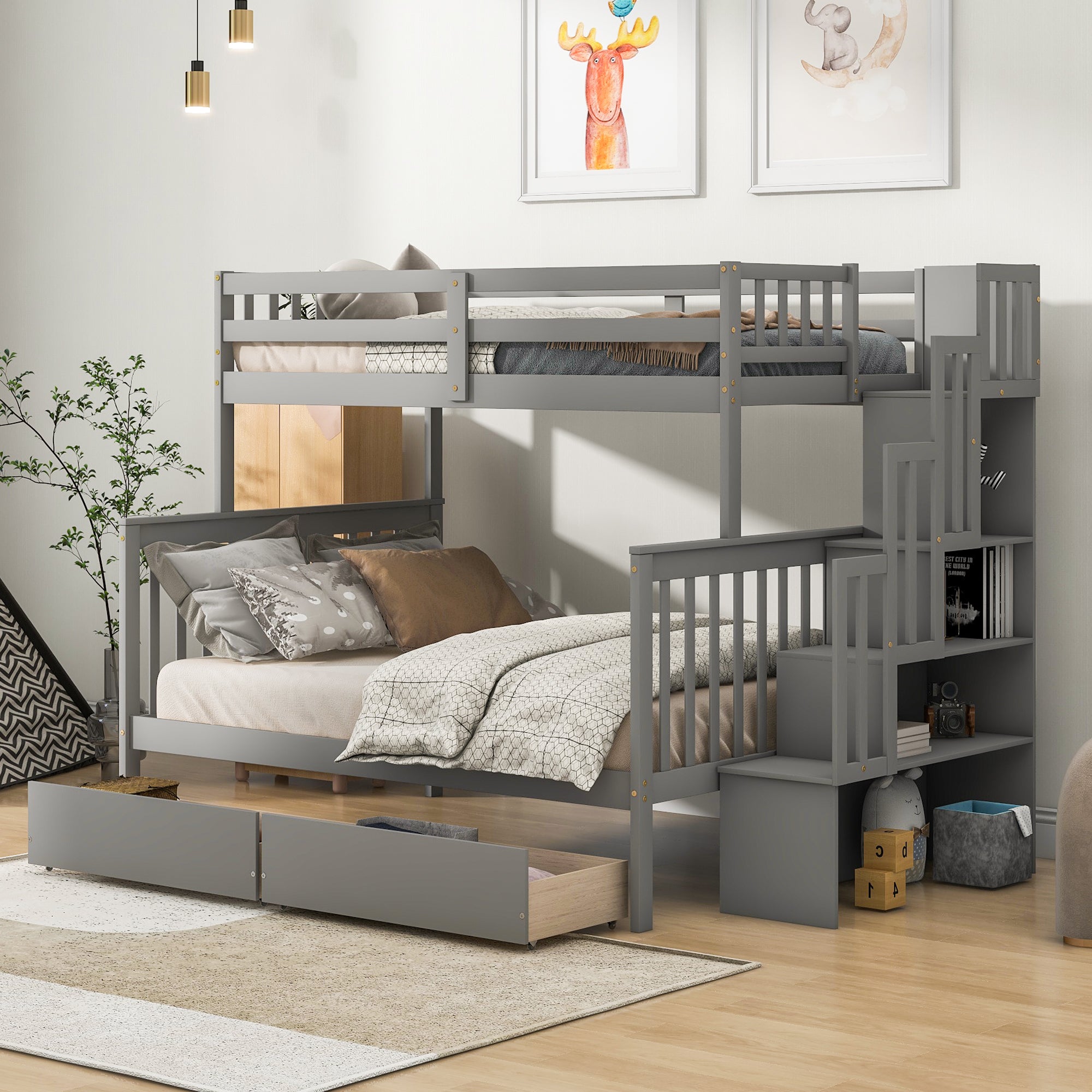 Royard Oaktree Twin Over Full Bunk Bed with 2 Drawers and Staircases, Convertible into 2 Beds, the Bunk Bed with Staircase and Safety Rails for Kids, Teens, Adults