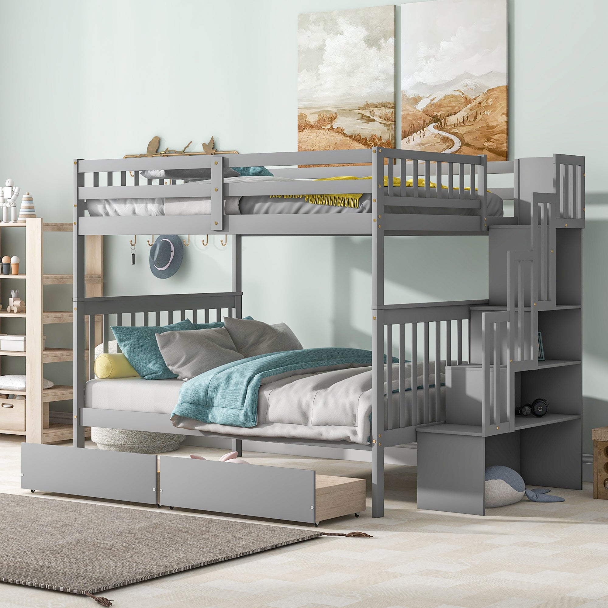 Royard Oaktree Full Over Full Bunk Bed with 2 Drawers and Staircases, Convertible into 2 Beds, the Bunk Bed with Staircase and Safety Rails for Kids, Teens, Adults