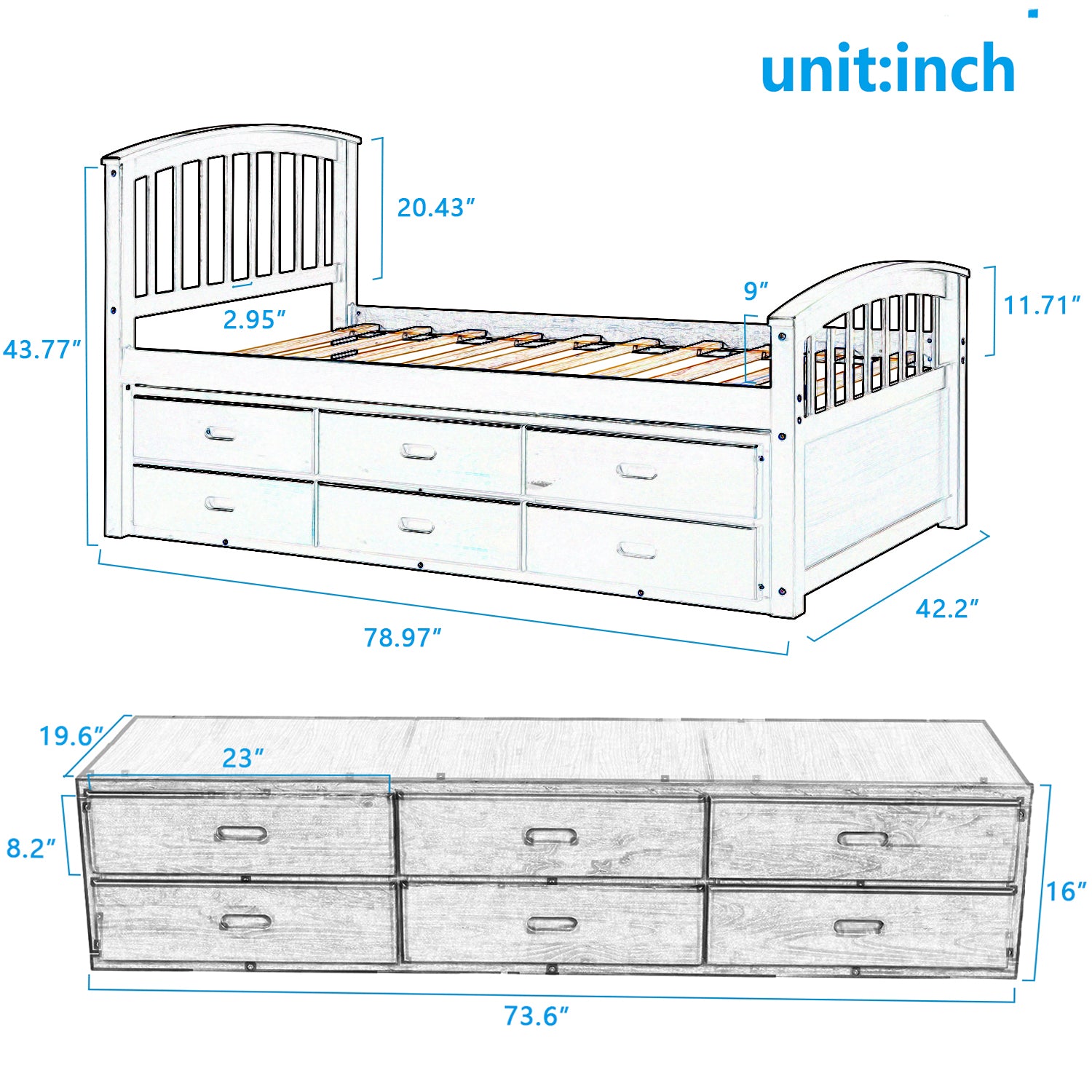 Royard Oaktree Twin Size Platform Bed with 6 Drawers Solid Wood Storage Bed Frame with Headboard and Footboard, No Box Spring Needed