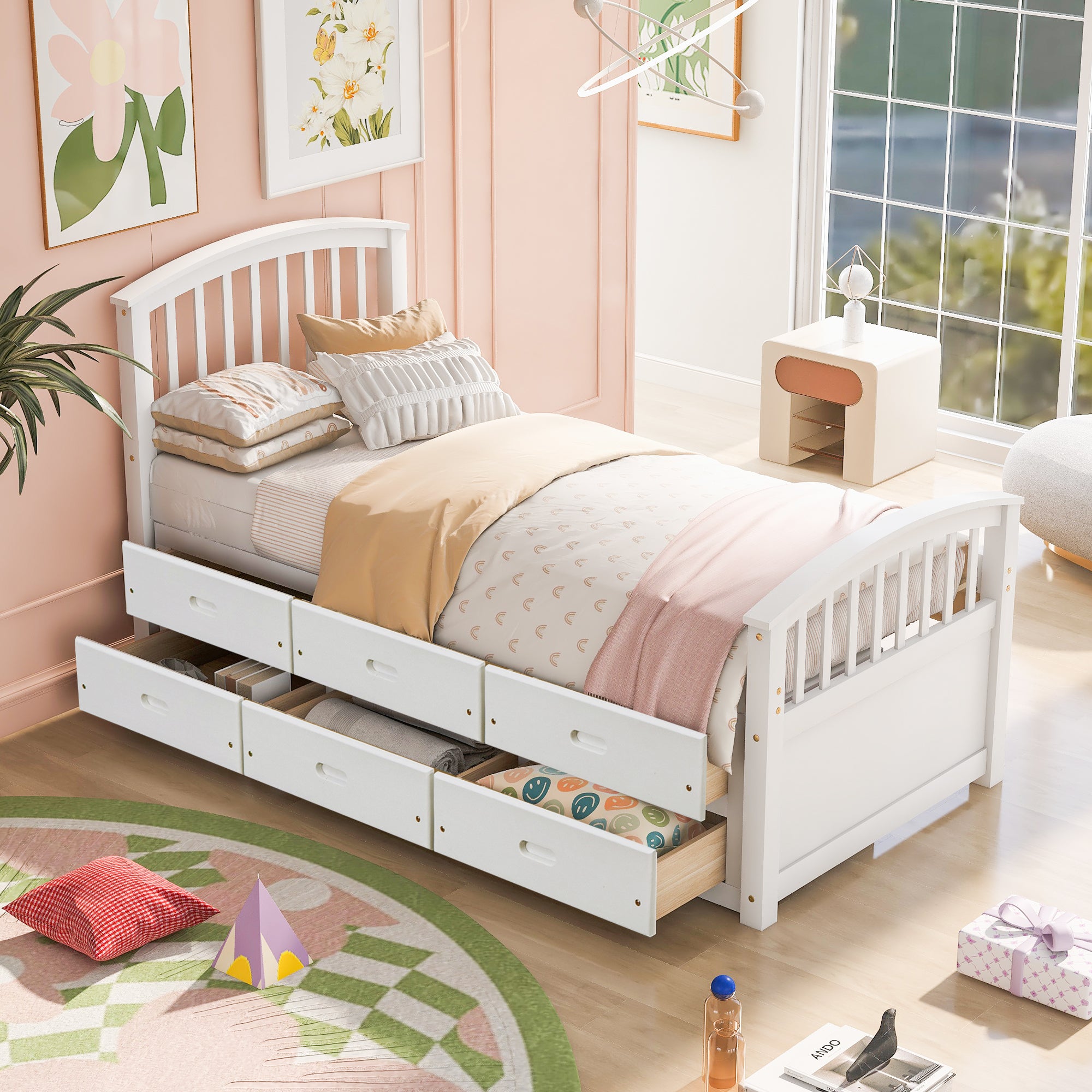 Royard Oaktree Twin Size Platform Bed with 6 Drawers Solid Wood Storage Bed Frame with Headboard and Footboard, No Box Spring Needed