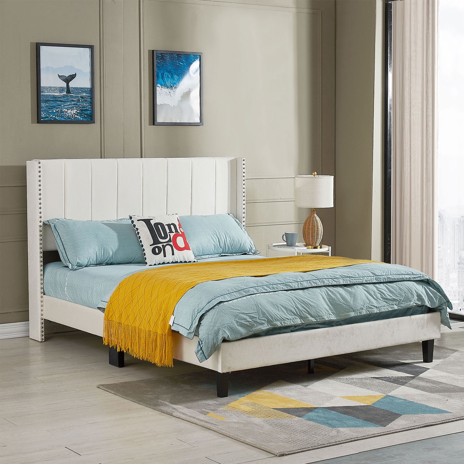 Queen Size Tufted Upholstered Bed Frame Low Profile Velvet Bed Frame Platform with Raised Wingback Headboard/No Box Spring Required/Wood Slat Support