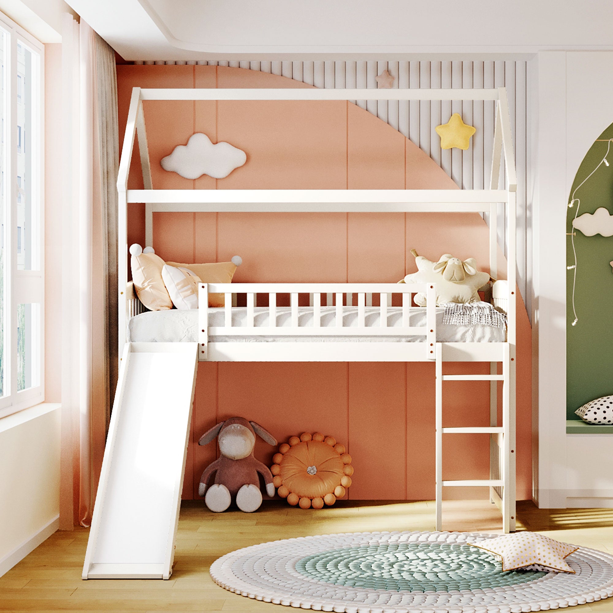 Royard Oaktree Twin House Loft Bed with Roof and Slide Wooden Bed Frame with Guardrail and Ladder for Kids Boys Girls Teens, No Box Spring Needed