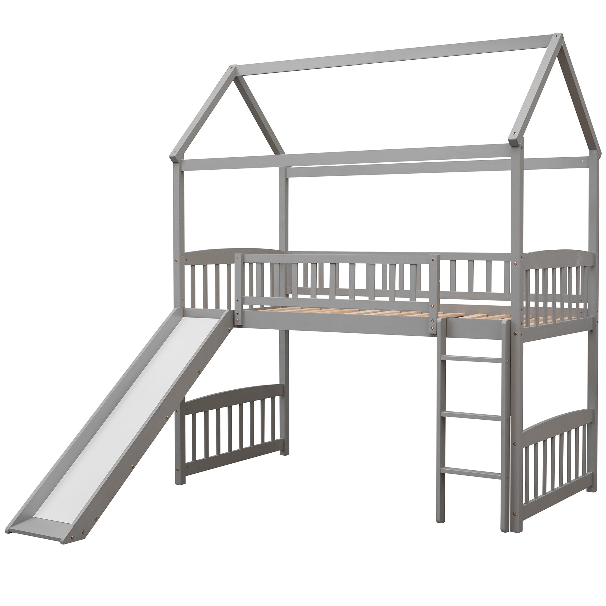 Royard Oaktree Twin House Loft Bed with Roof and Slide Wooden Bed Frame with Guardrail and Ladder for Kids Boys Girls Teens, No Box Spring Needed