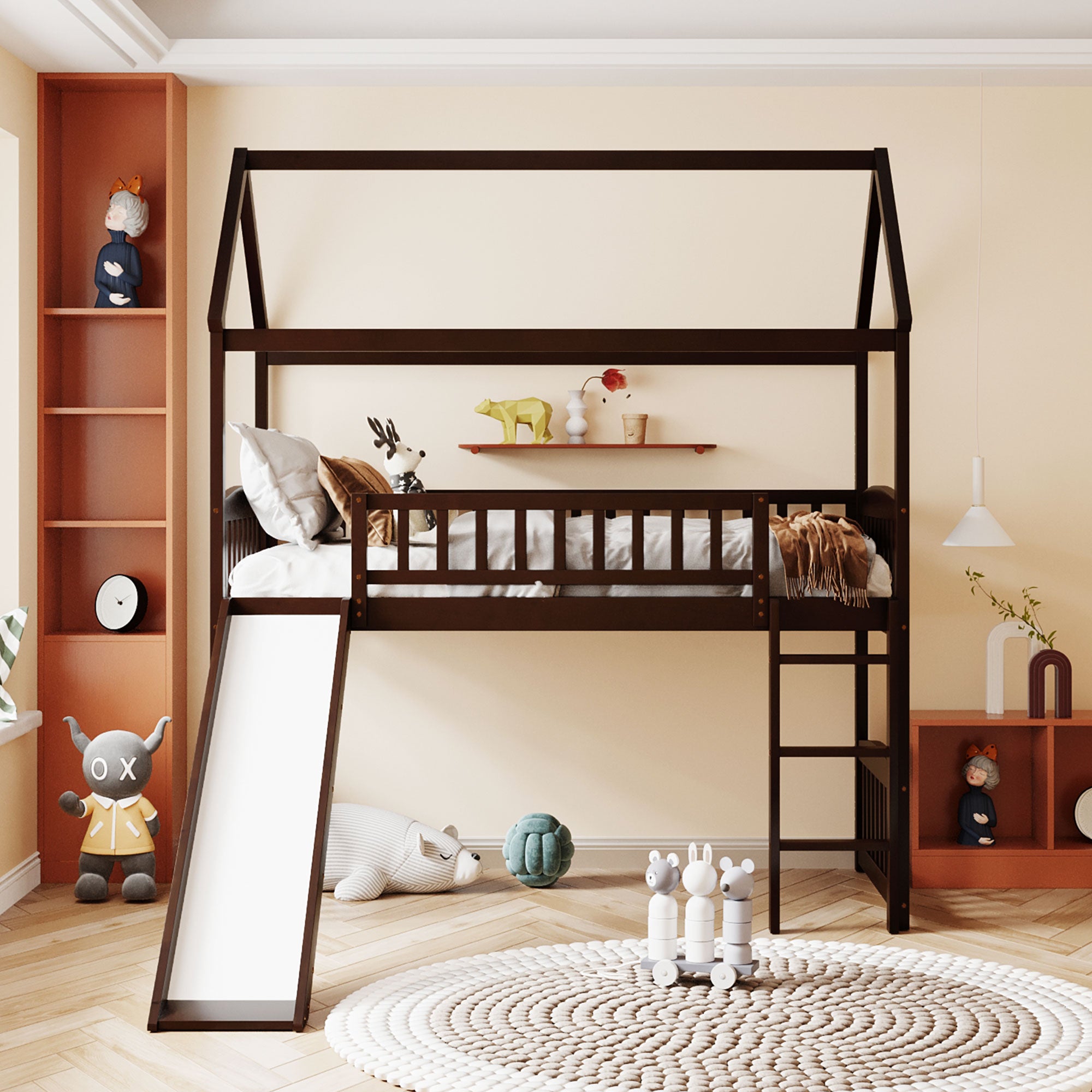 Royard Oaktree Twin House Loft Bed with Roof and Slide Wooden Bed Frame with Guardrail and Ladder for Kids Boys Girls Teens, No Box Spring Needed