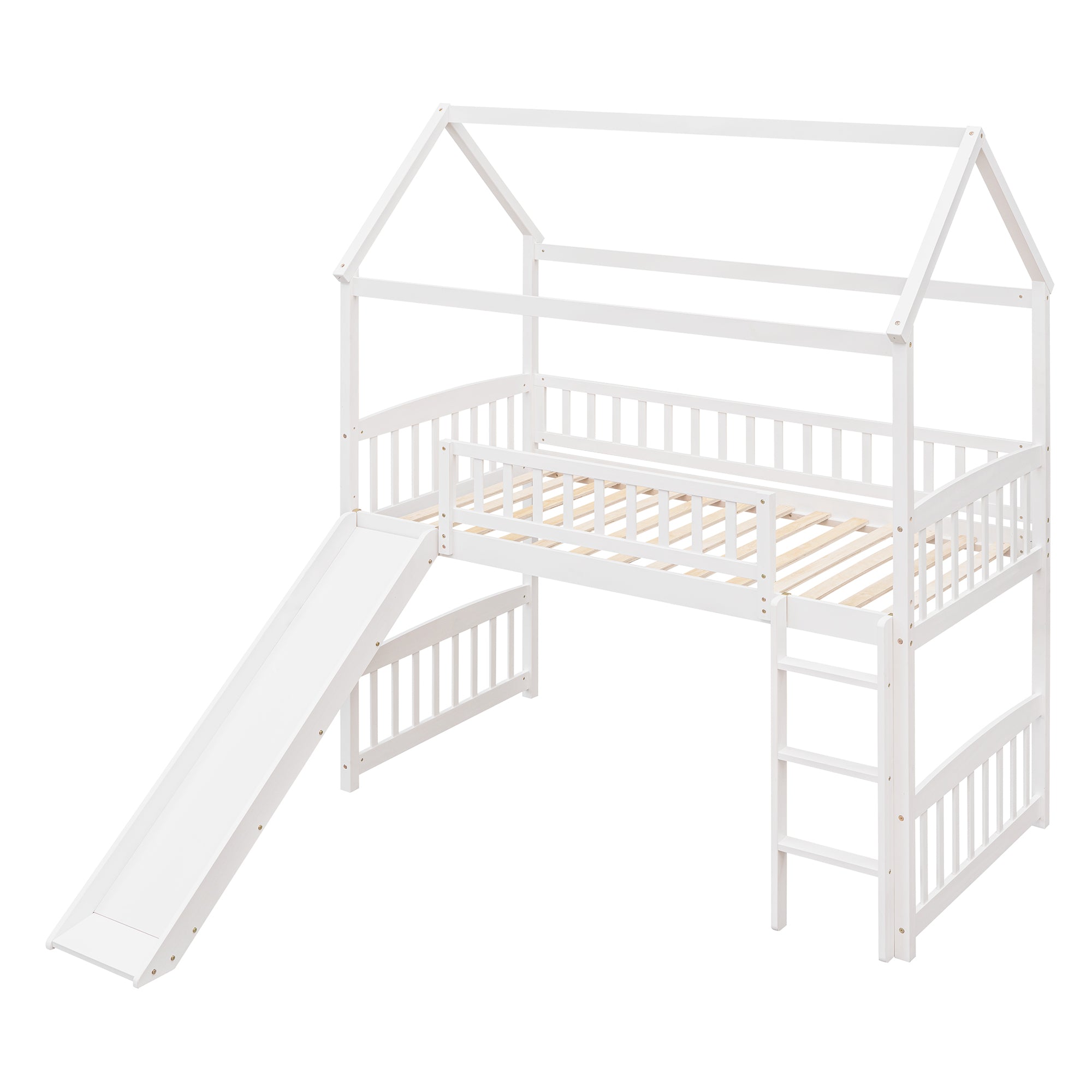 Royard Oaktree Twin House Loft Bed with Roof and Slide Wooden Bed Frame with Guardrail and Ladder for Kids Boys Girls Teens, No Box Spring Needed