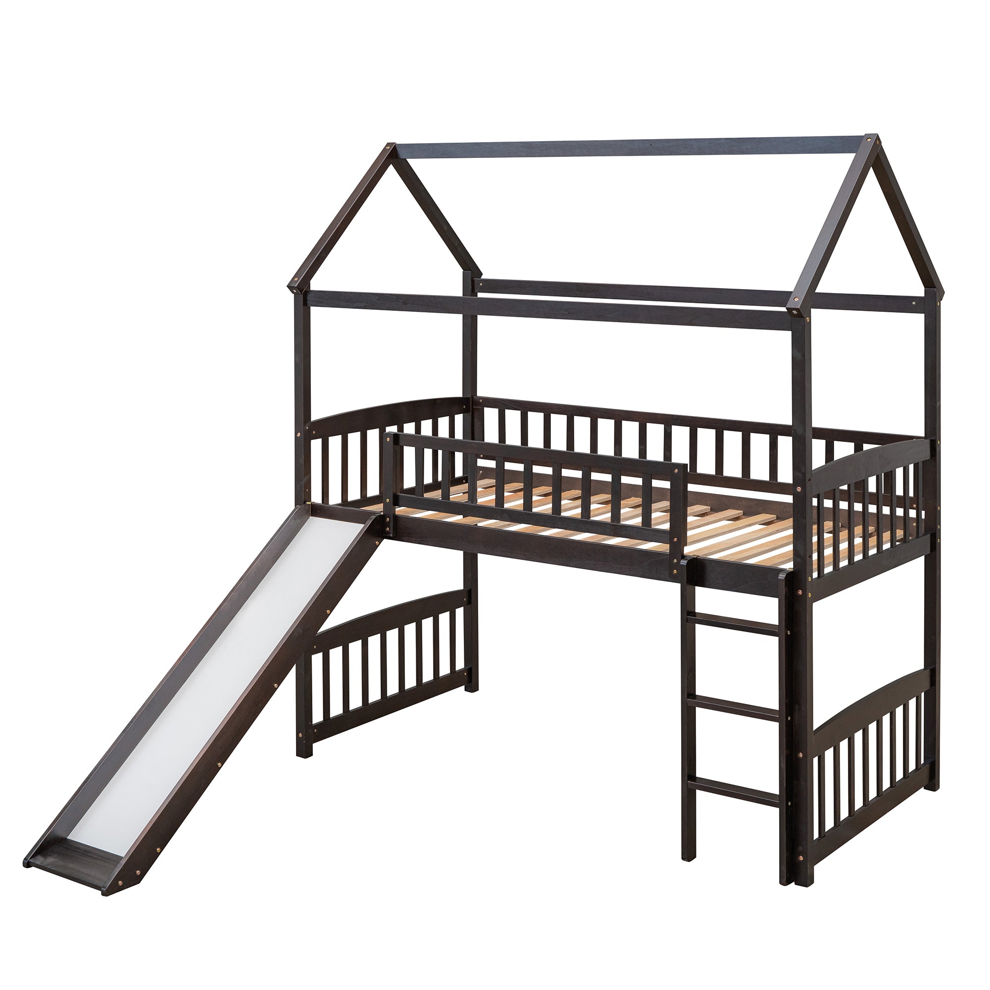 Royard Oaktree Twin House Loft Bed with Roof and Slide Wooden Bed Frame with Guardrail and Ladder for Kids Boys Girls Teens, No Box Spring Needed